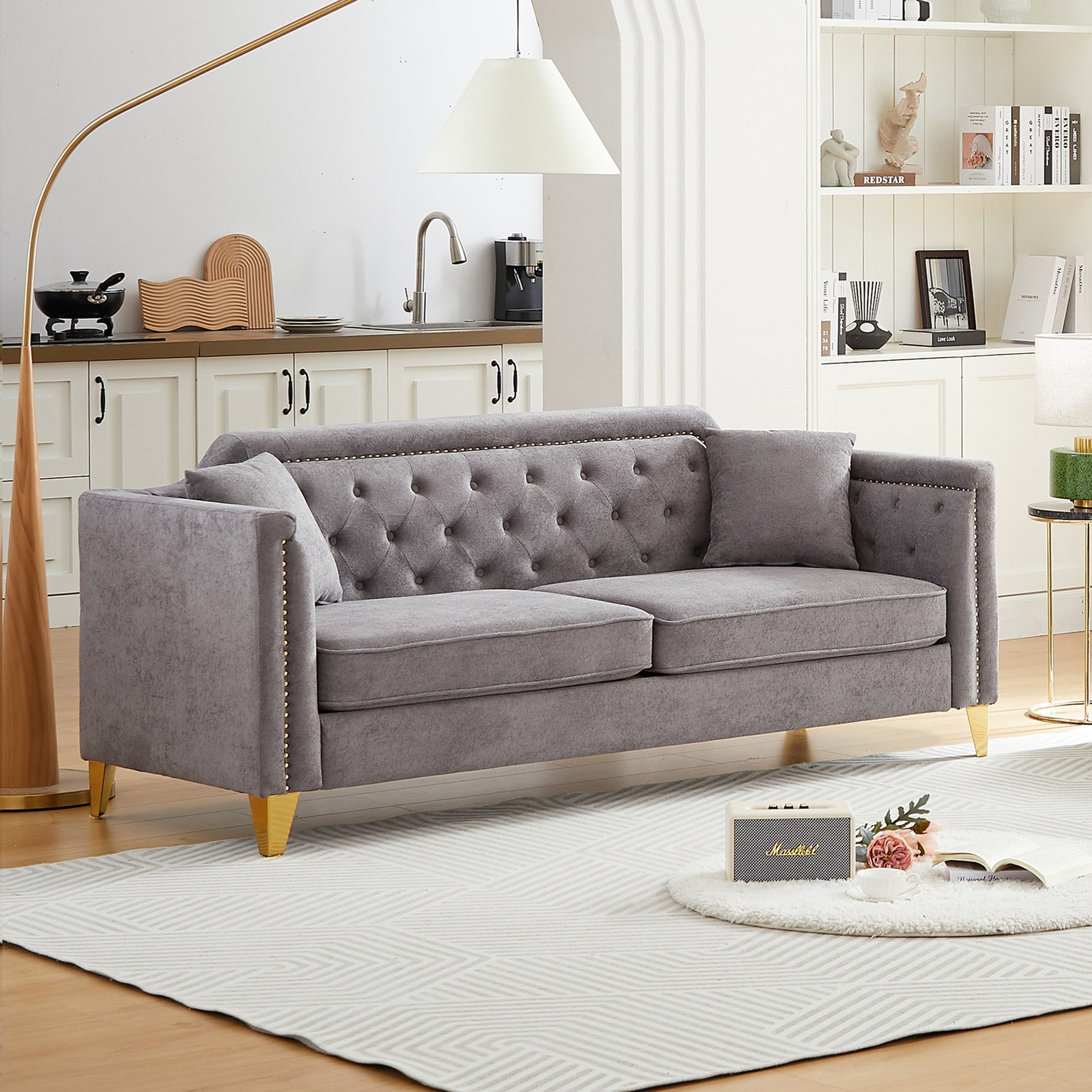 Fx 81"Mid Century Design Modern Sofa,Chenille Pull Buckle Design Sofa For Living Room,Buttons Tufted With Copper Nail Decoration Armrest, With 2 Pillows,Modern Couch Upholstered Button And Metal Leg Grey Chenille Pine Foam Fabric 3 Seat