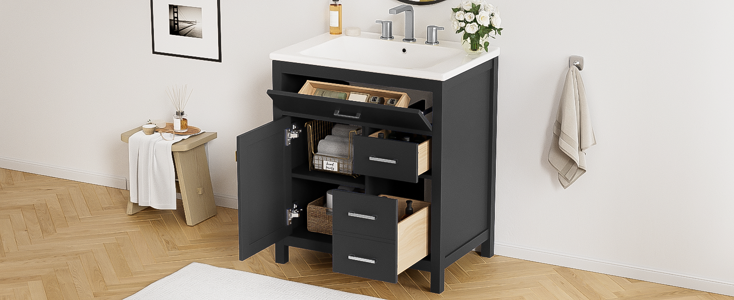 30 Inch Black Bathroom Vanity With Ceramic Sink And Large Storage Ideal Choice For Small Bathrooms Black Bathroom Solid Wood Mdf