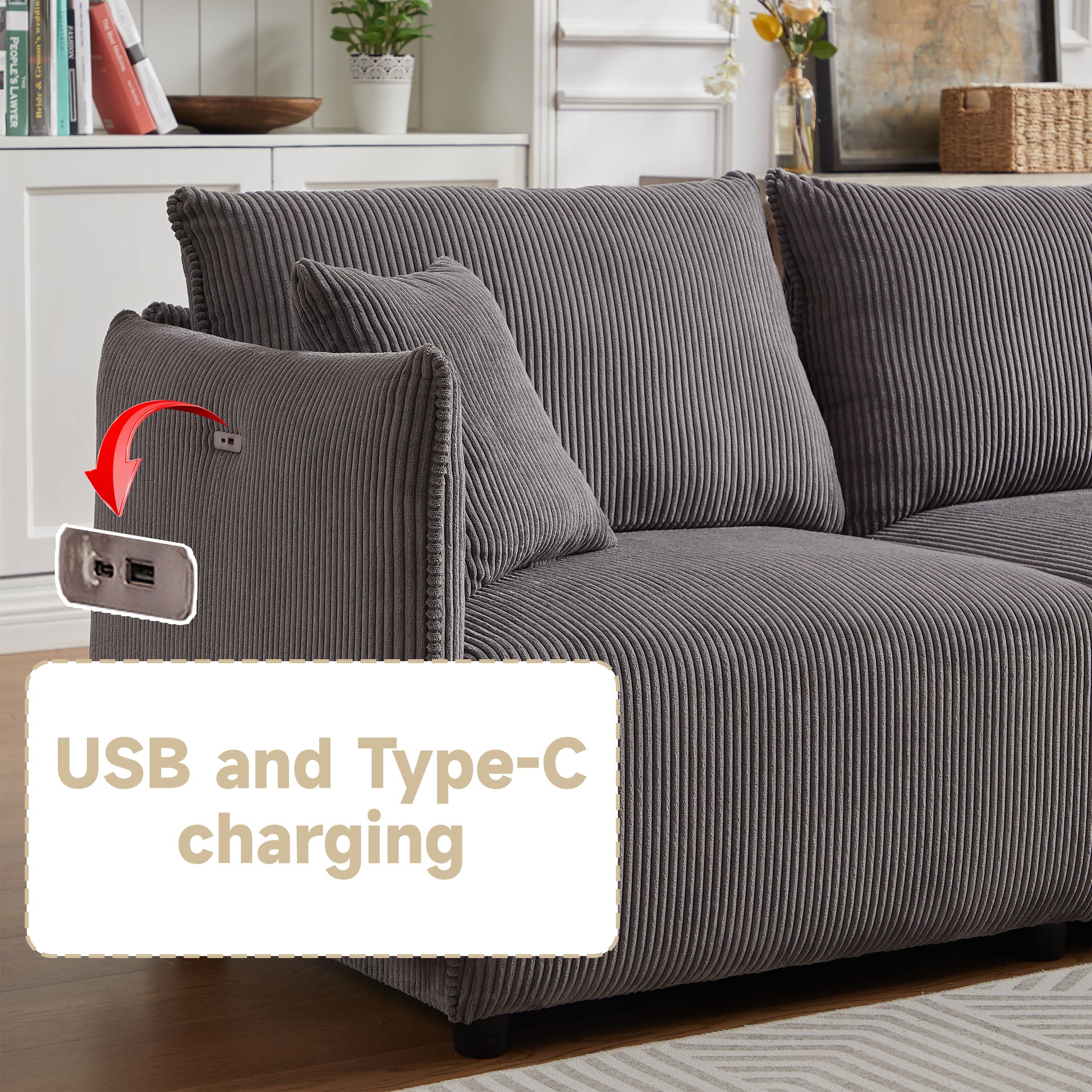 106" Multi Module Combination Style Sofa For Living Room, Bedroom And Other Lounge Spaces, Modern Minimalist Corduroy Combination Sofa With 2 Comfort Cushions With Usb & C Charging Ports Gray Gray Foam Fabric 4 Seat