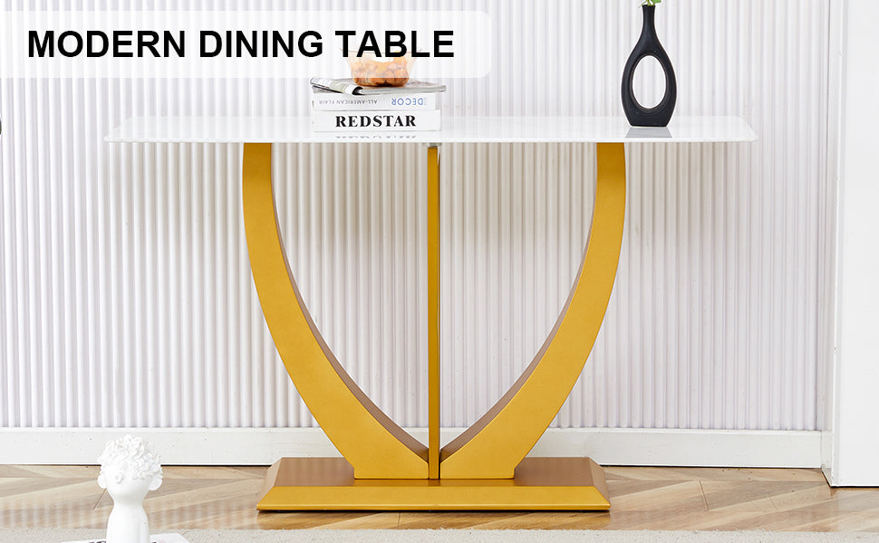 Modern And Simple Rectangular Glass Dining Table In White With A Pattern, 0.39 "White Top And Gold Legs, Suitable For Entrance And Living Room. White Glass