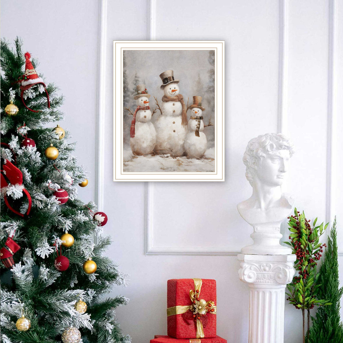 Three Snowman Pals White Framed Wall Art For Living Room, Holiday Wall Art Print For Home Decor, Bedroom Wall Art By Jo Moulton Multicolor Wood Paper
