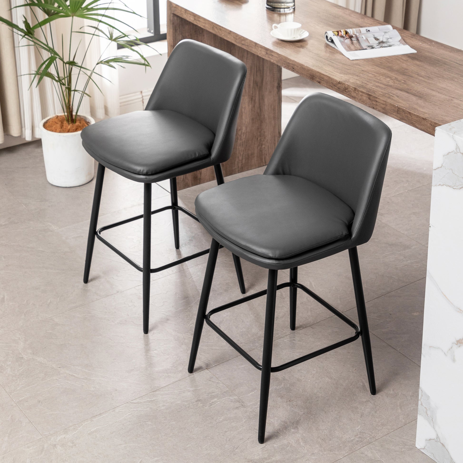Counter Height Swivel Bar Stools Set Of 2, 360 Swivel Upholstered Barstools With Back And Metal Legs, 25.6" Seat Height,Counter Stools For Kitchen Island And Pub,Faux Leather,Grey Dark Grey Set Of 2 Pu Leather