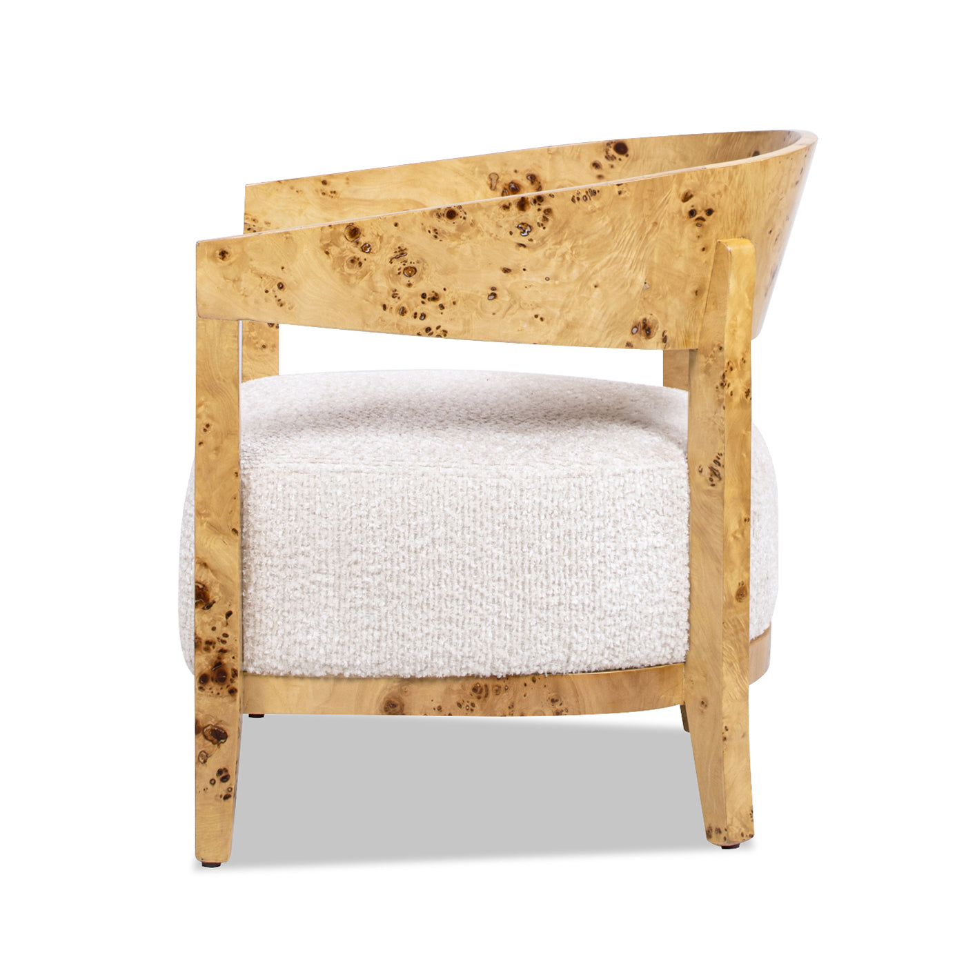 Madrid 26.5" Burl Wood Barrel Accent Arm Chair, Seashell White Chenille White Natural Foam Chenille