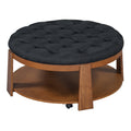 Modern Large Round Ottoman Coffee Table 2 Tier Oversized Button Tufted Ottoman With Wood Shelf Storage Upholstered Coffee Table For Living Room Footrest Ottoman With Wheel, Waterproof Linen Black Brown Rubber Wood