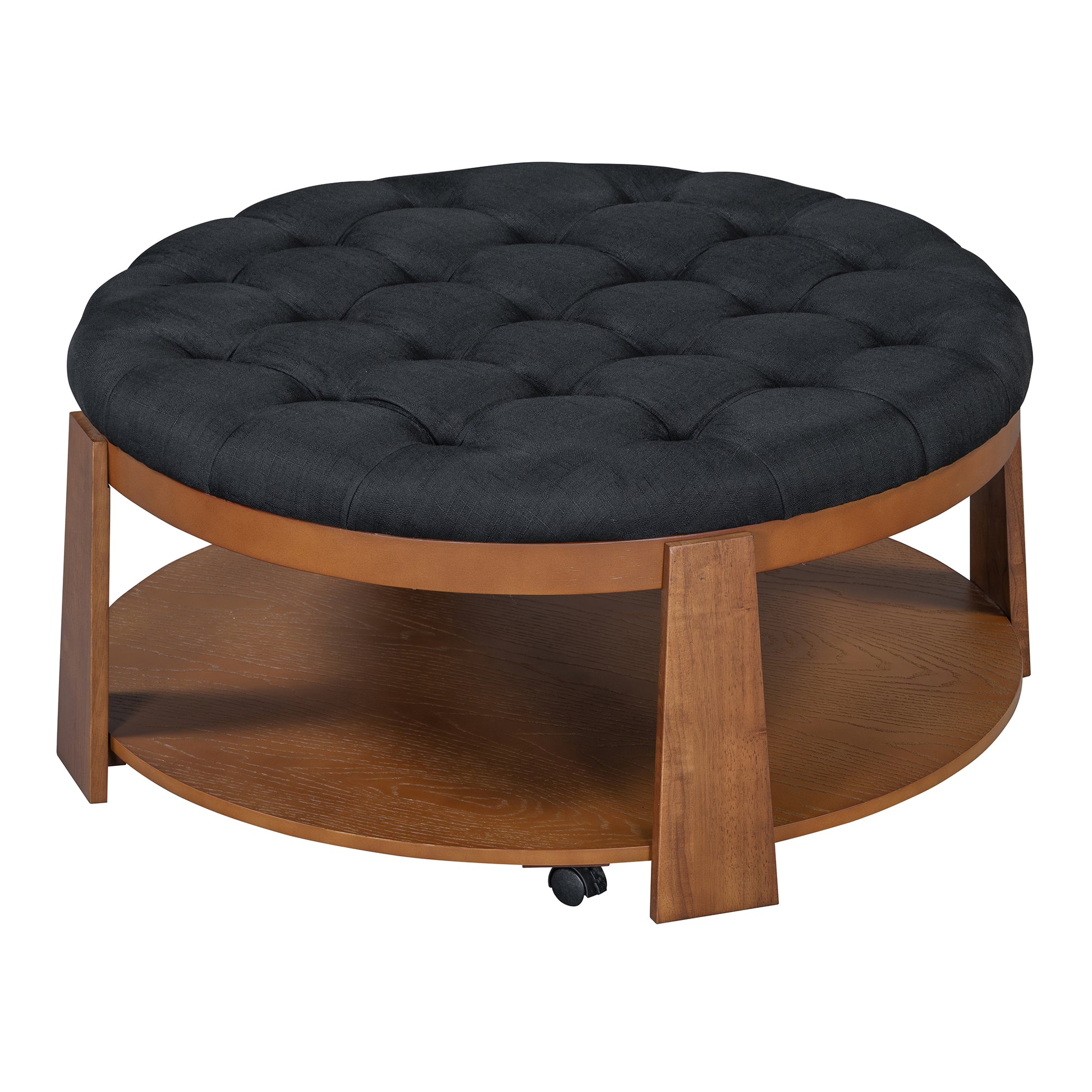 Modern Large Round Ottoman Coffee Table 2 Tier Oversized Button Tufted Ottoman With Wood Shelf Storage Upholstered Coffee Table For Living Room Footrest Ottoman With Wheel, Waterproof Linen Black Brown Rubber Wood