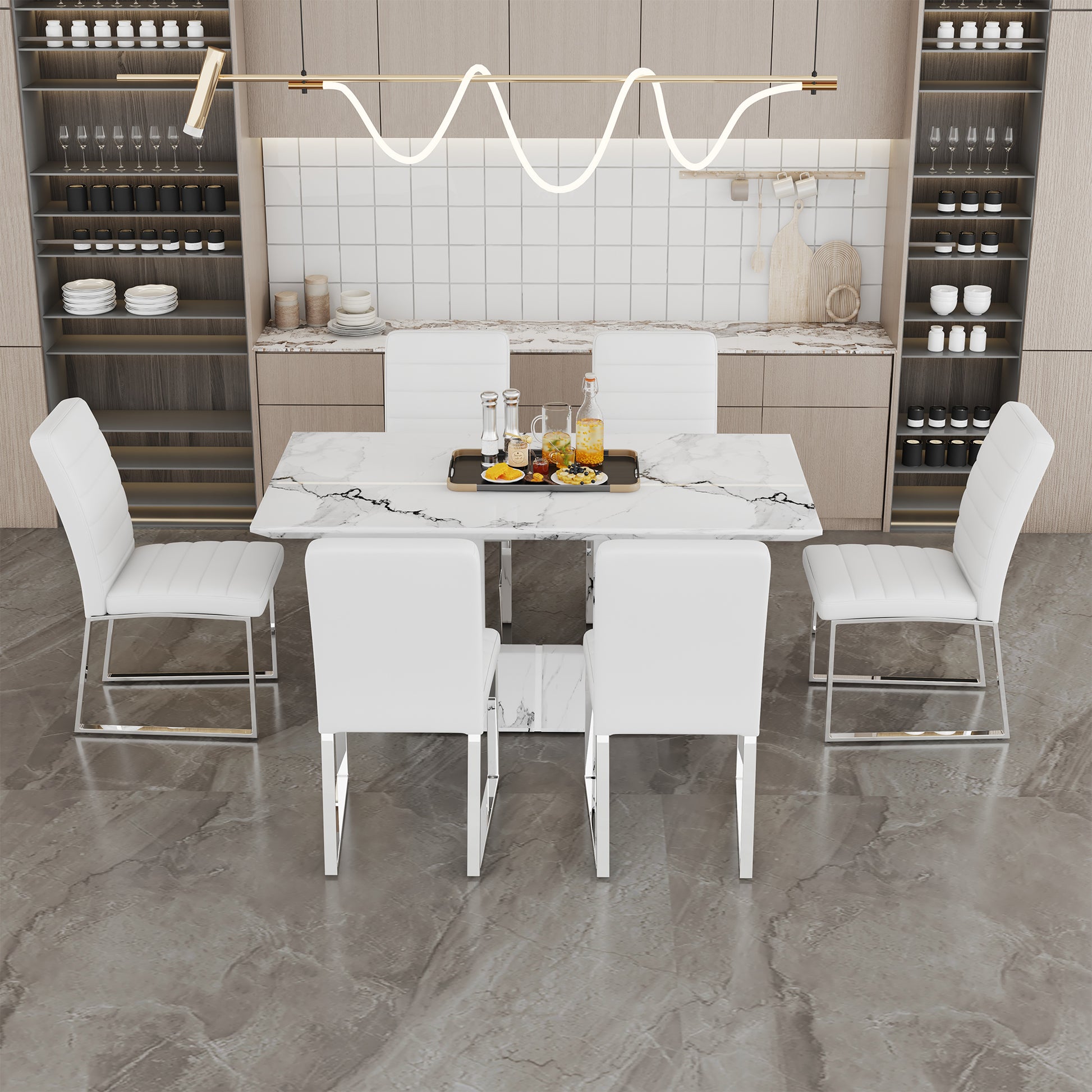 Table And Chair Set.63"X35.4" White Marble Patterned Mdf Dining Table Set With 6 Armless White Pu Chairs.The Backrest Of The Dining Chair Is Designed With Multiple Horizontal Stripes. White Seats 6