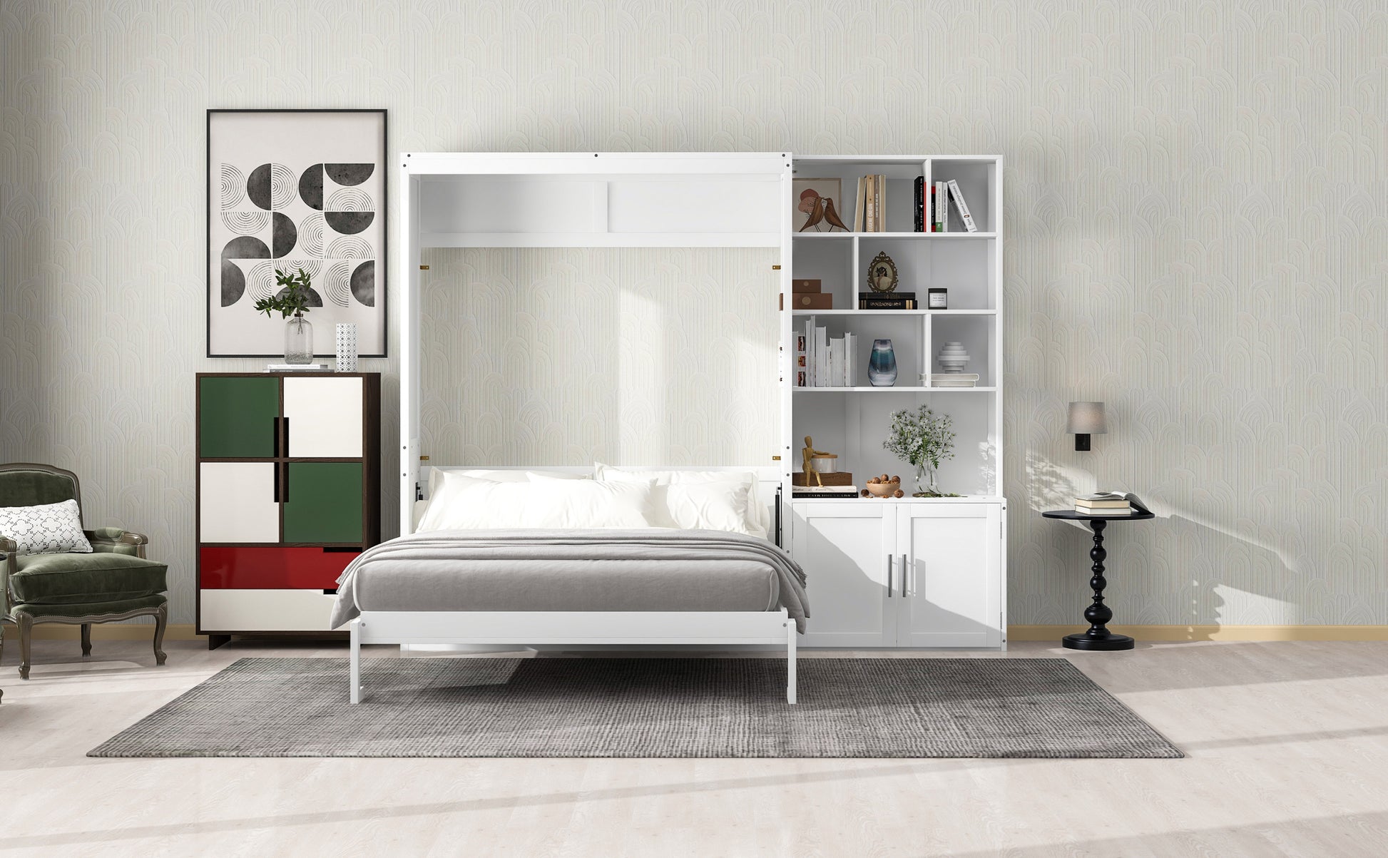 Full Size Murphy Bed With Multiple Storage Shelves And A Cabinet, White Box Spring Not Required Full White Wood Bedroom Murphy Solid Wood Mdf