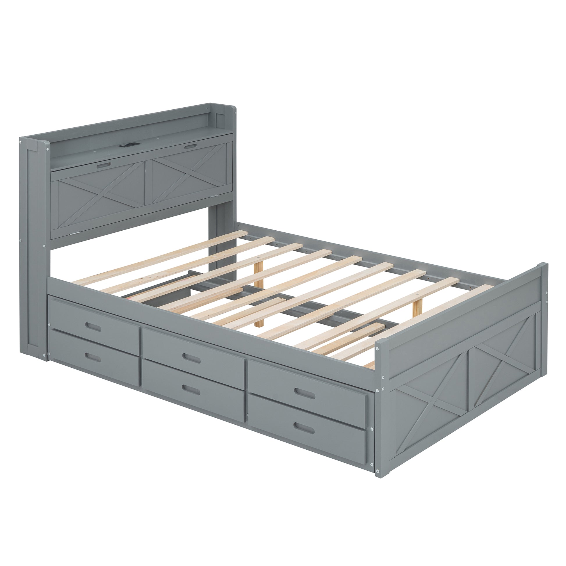 Full Size Wooden Bed With Storage Headboard With Outlets, Extendable Bed With Twin Size Trundle With Three Storage Drawers,Gray Full Gray Wood