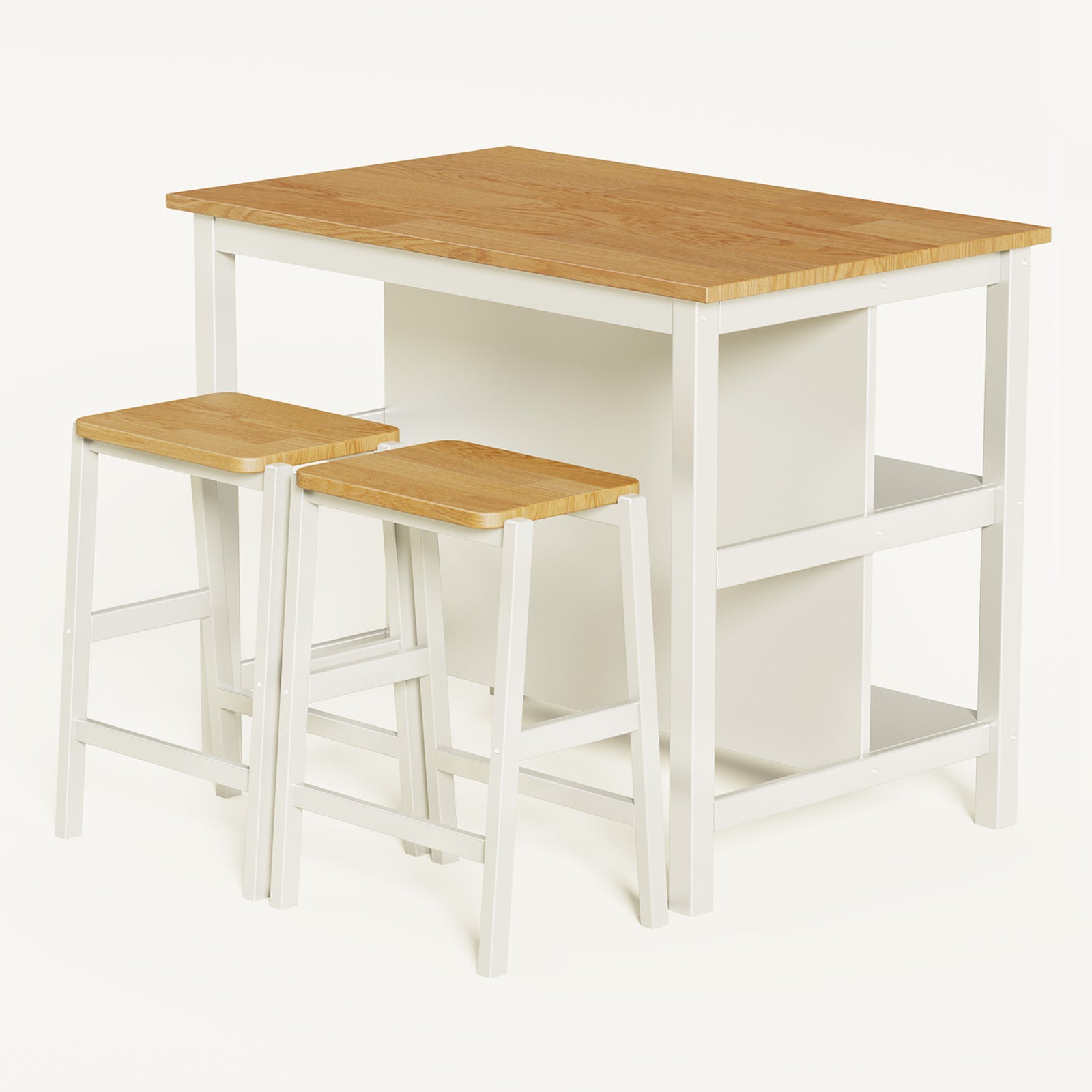 3 Pcs Dining Table Set Rustic Retro Breakfast Table Dining Stools Rubber Wood For 2 With Two Open Shelves For Small Space Kitchen Dining Room Cream White White Rubber Wood