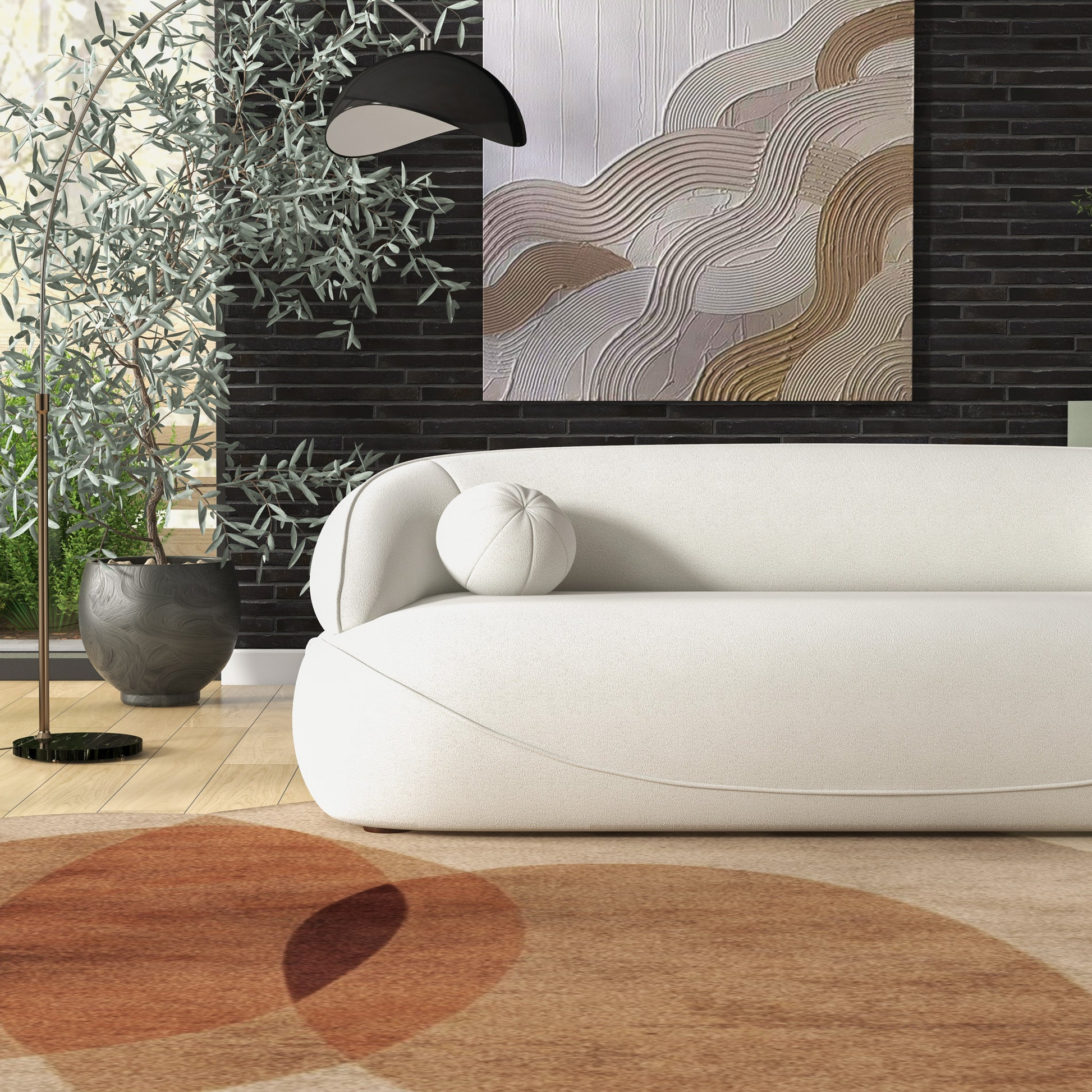 Andrew Beige Boucle Sofa Beige,Ivory White,Light Beige,White Wood Primary Living Space Medium Firm Mid Century Modern Foam Boucle,Solid Wood 3 Seat