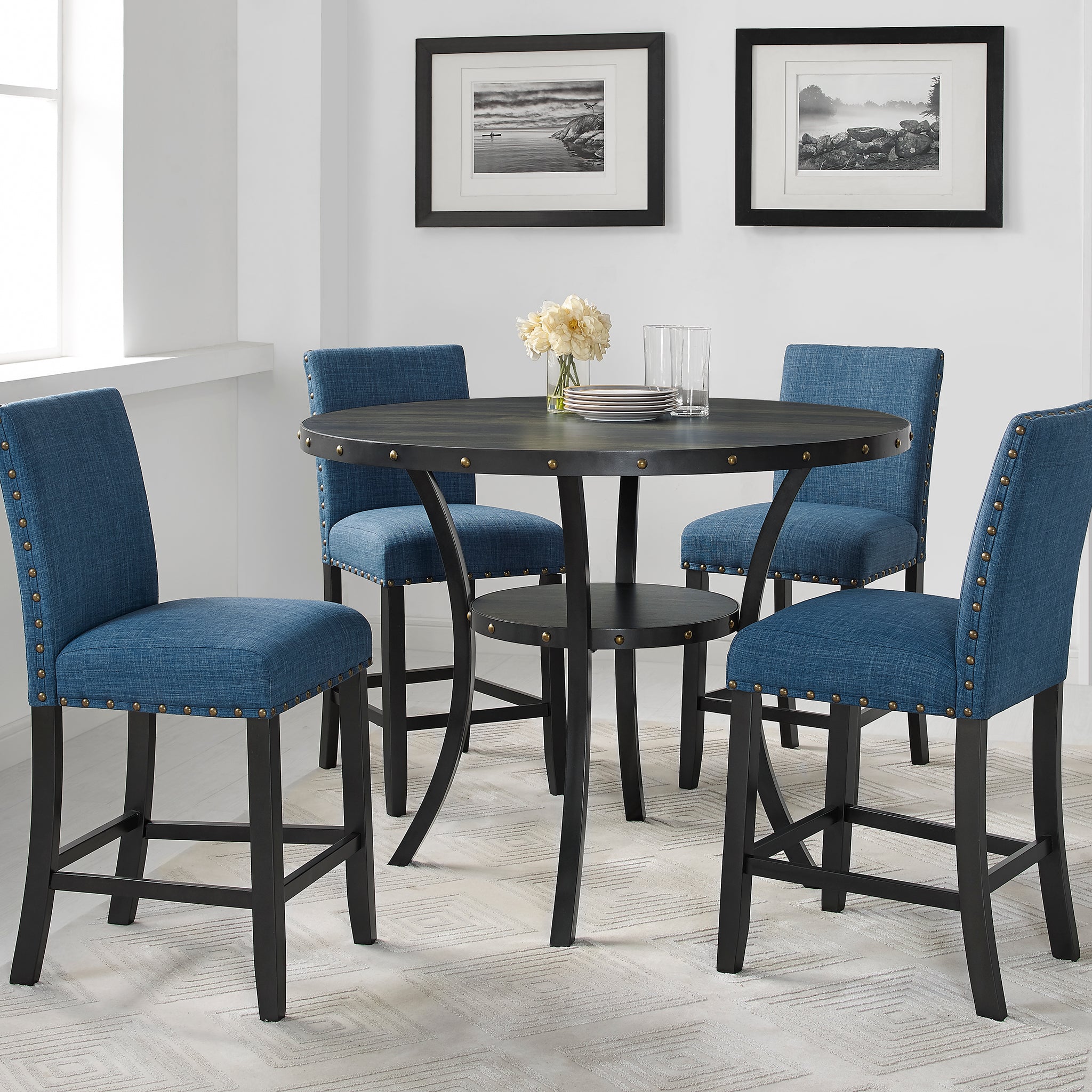 Biony Espresso Wood Counter Height Dining Set With Blue Fabric Stools Wood Black Seats 4 Metal Fixed Table Round Dining Table With Chair Wood