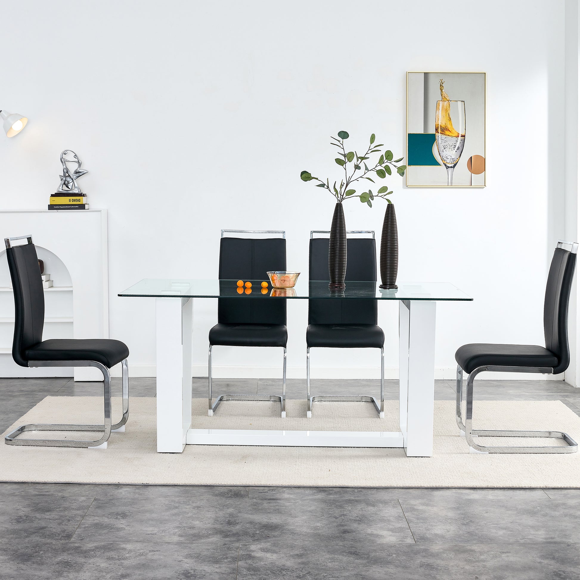 Glass Dining Table Large Modern Minimalist Rectangular For 6 8 With 0.4" Tempered Glass Tabletop And White Mdf Trapezoid Bracket,For Kitchen Dining Living Meeting Room Banquet Hall F 1550 Transparent Mdf Glass