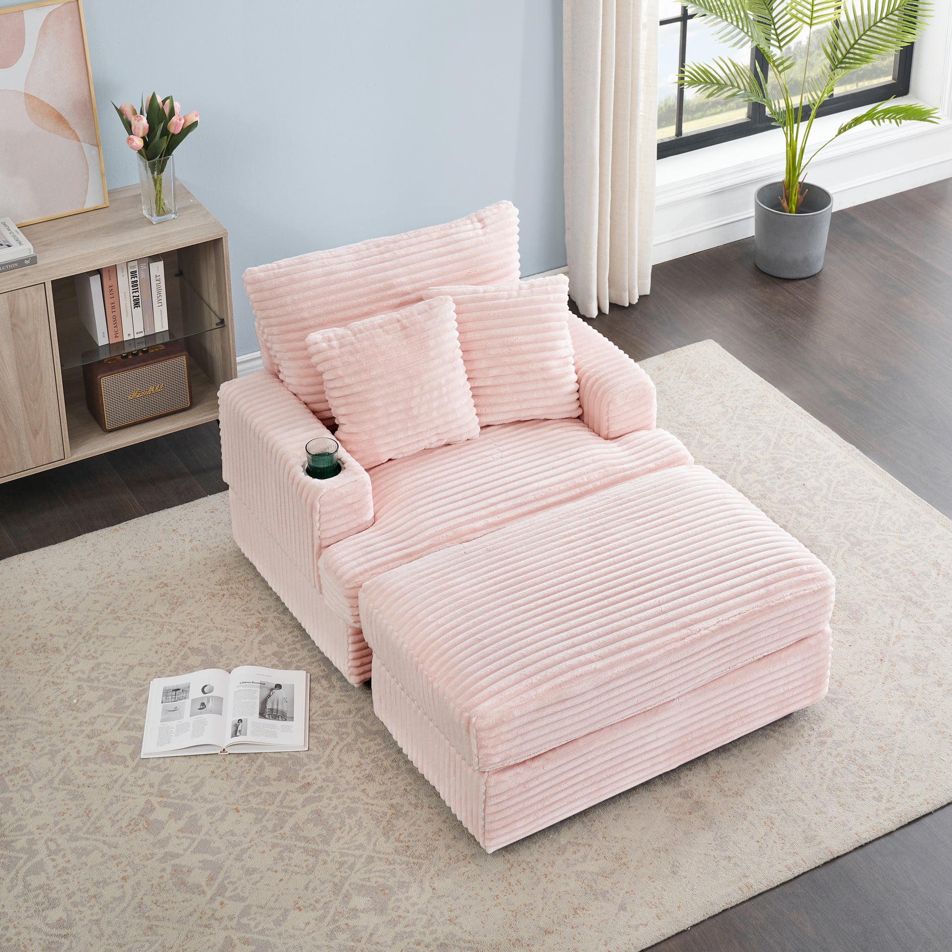 39 Inch Spring Upholstered Armchair And Ottoman Set Comfortable Single Sofa With Cup Holder And Corduroy Fabric, Perfect For Living Room Or Bedroom Pink Corduroy 1 Seat