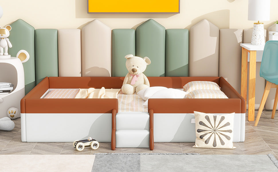 Full Size Upholstered Daybed Frame With Fence And Stairs, Brown White Full Brown White Mdf Lvl