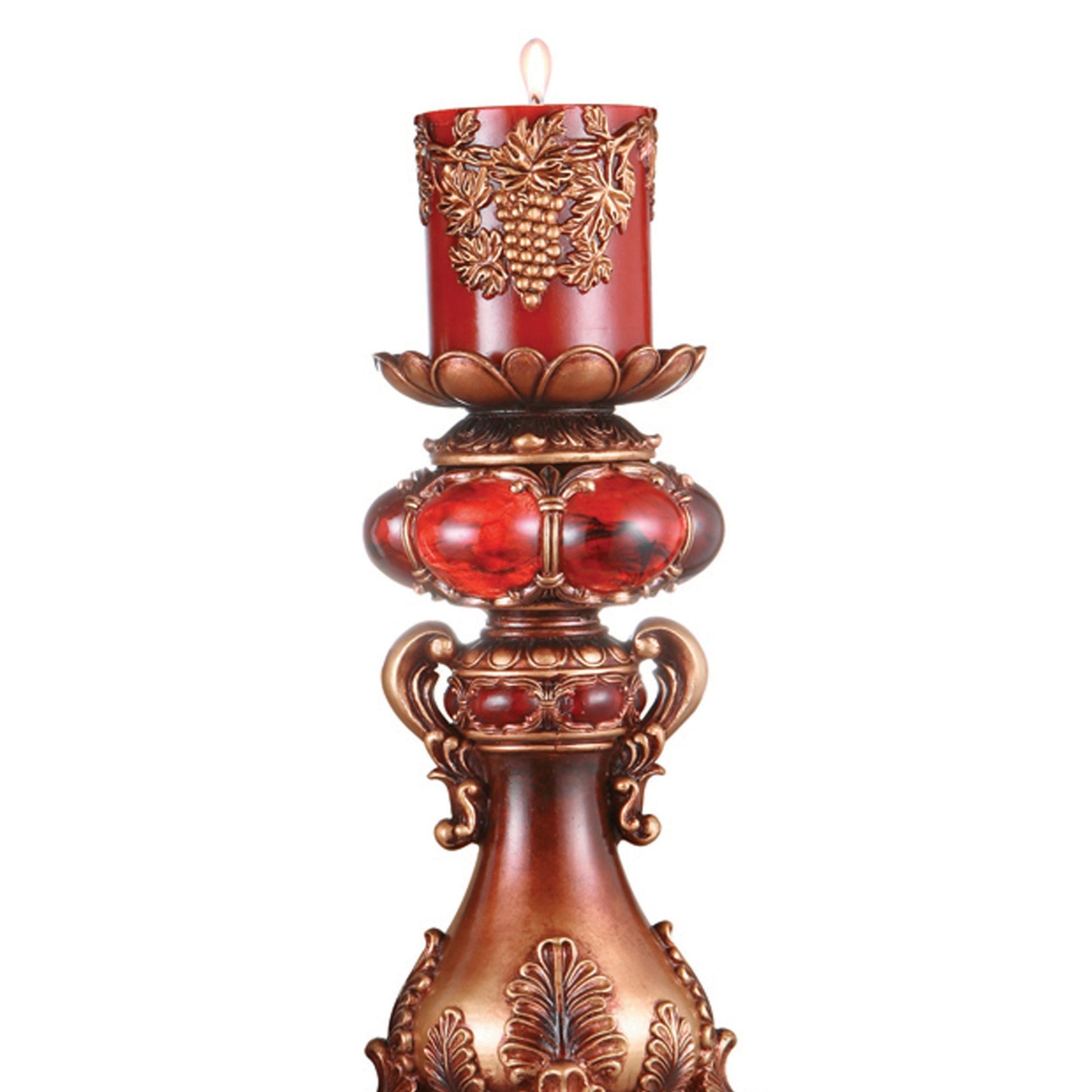 16" Tall Polyresin Candleholder With Red And Brown Finish Multicolor Polyresin