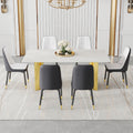 Table And Chair Set.The Table Has A Glass Top With Imitation Marble Pattern Stickers And Stainless Steel Golden Legs. Paried With Chairs With Pu Artificial Leather Backrest Cushions And Black Legs. White Gold Seats 6 Glass Metal