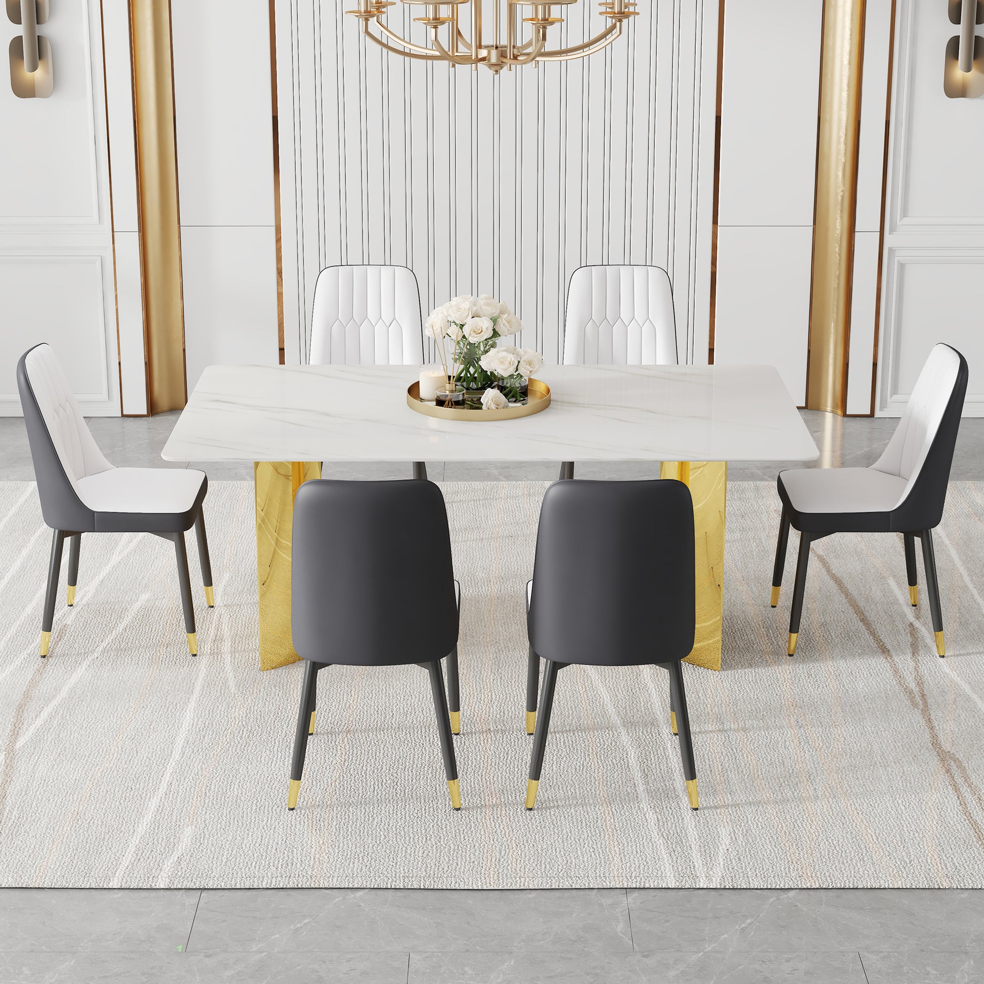 Table And Chair Set.The Table Has A Glass Top With Imitation Marble Pattern Stickers And Stainless Steel Golden Legs. Paried With Chairs With Pu Artificial Leather Backrest Cushions And Black Legs. White Gold Seats 6 Glass Metal