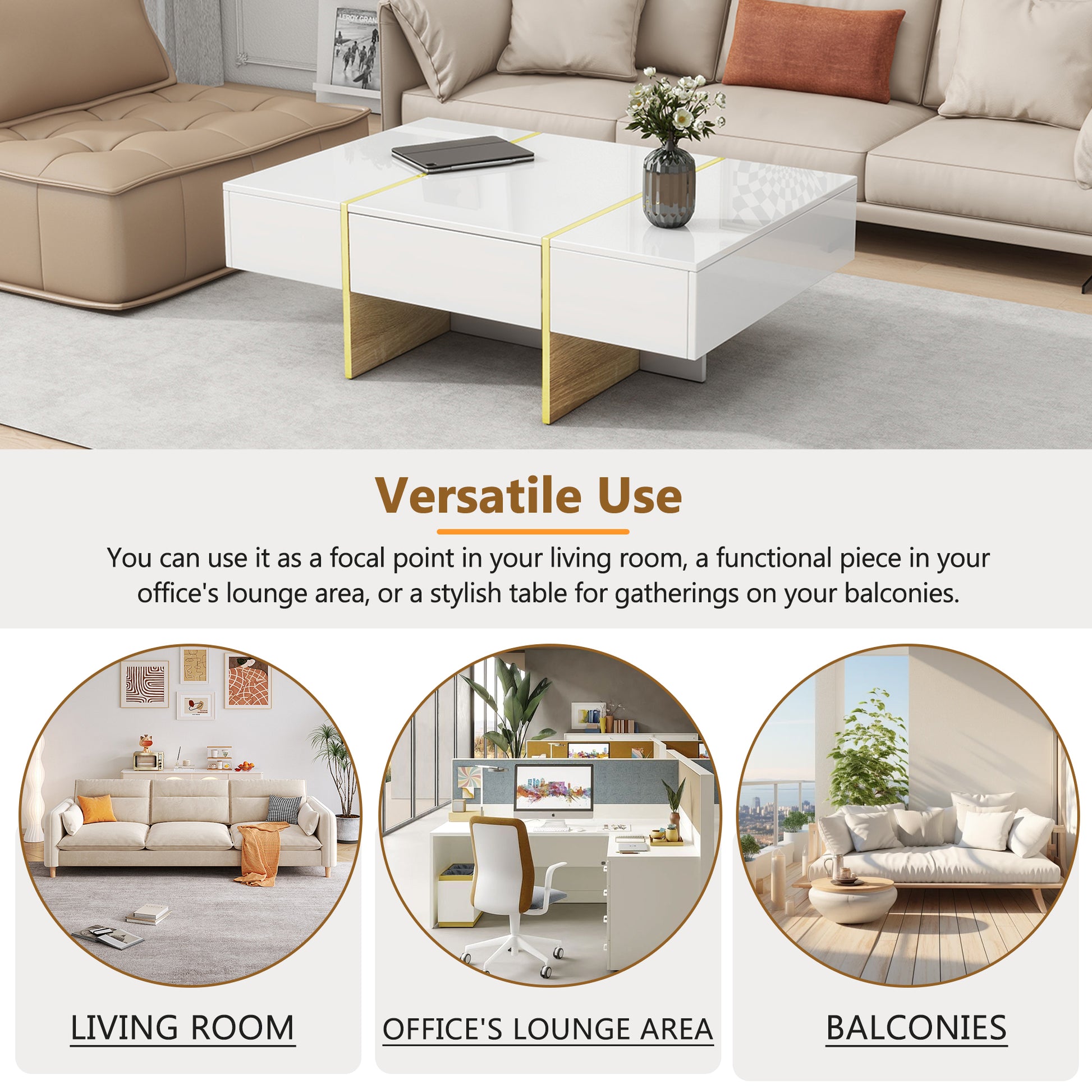 47.2'' X 31.4''Minimalist High Gloss Coffee Table With 2 Drawers, Multi Storage Rectangle Sofa Table With Golden Wood Grain Legs, Modern Center Table For Living Room, White White Particle Board Mdf