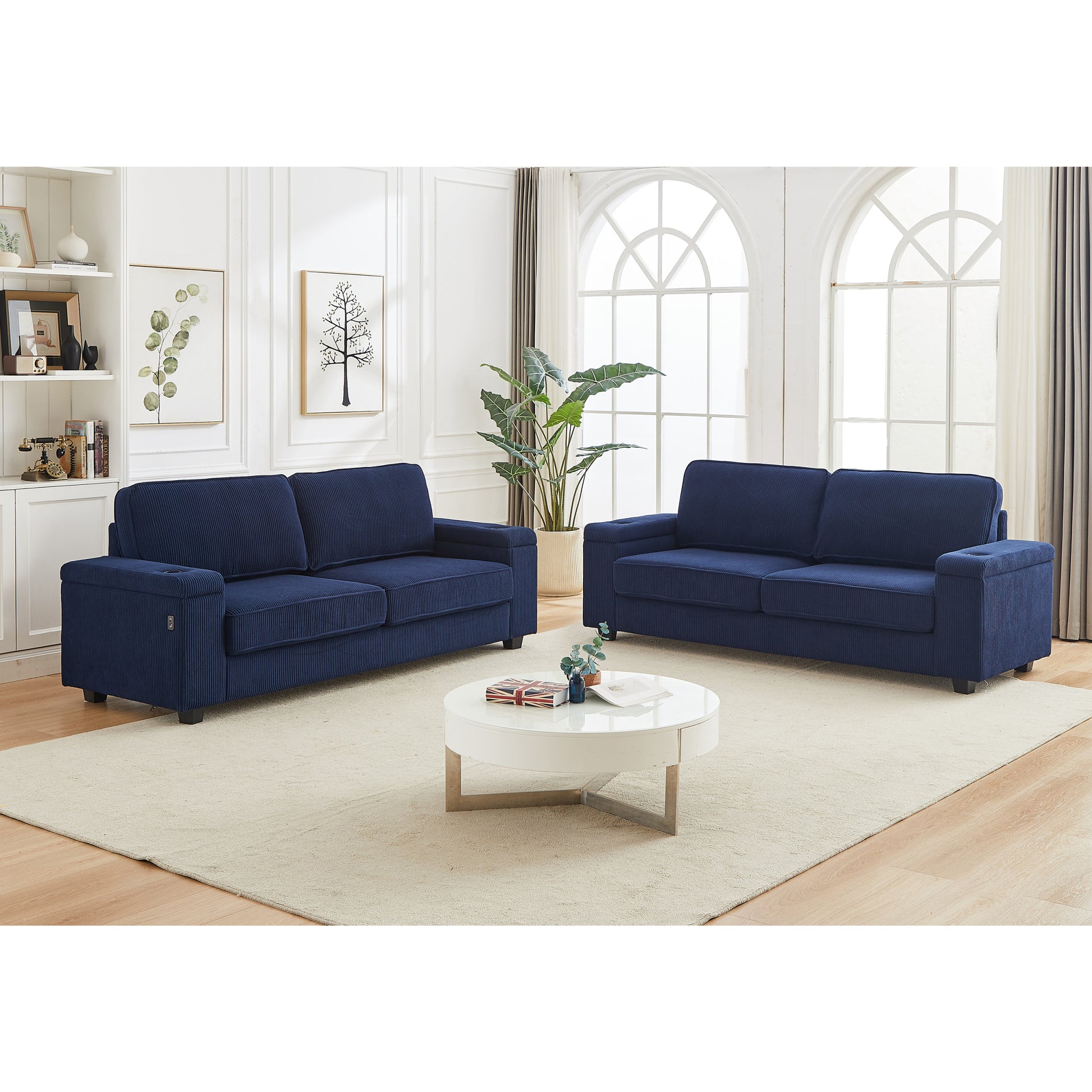 86.5 Inch Sofa Couch Deep Seat Sofa With Two Storage Spaces, T Pyce Charging Portsusb Charging Ports & 2 Cup ,Corduroy 3 Seater Couch, Modern Sofas For Living Room Blue Foam Corduroy 3 Seat