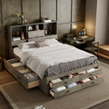 Queen Size Platform Bed With Storage Headboard And 8 Drawers, Gray Box Spring Not Required Queen Gray Wood Bedroom Bed Frame Solid Wood Mdf