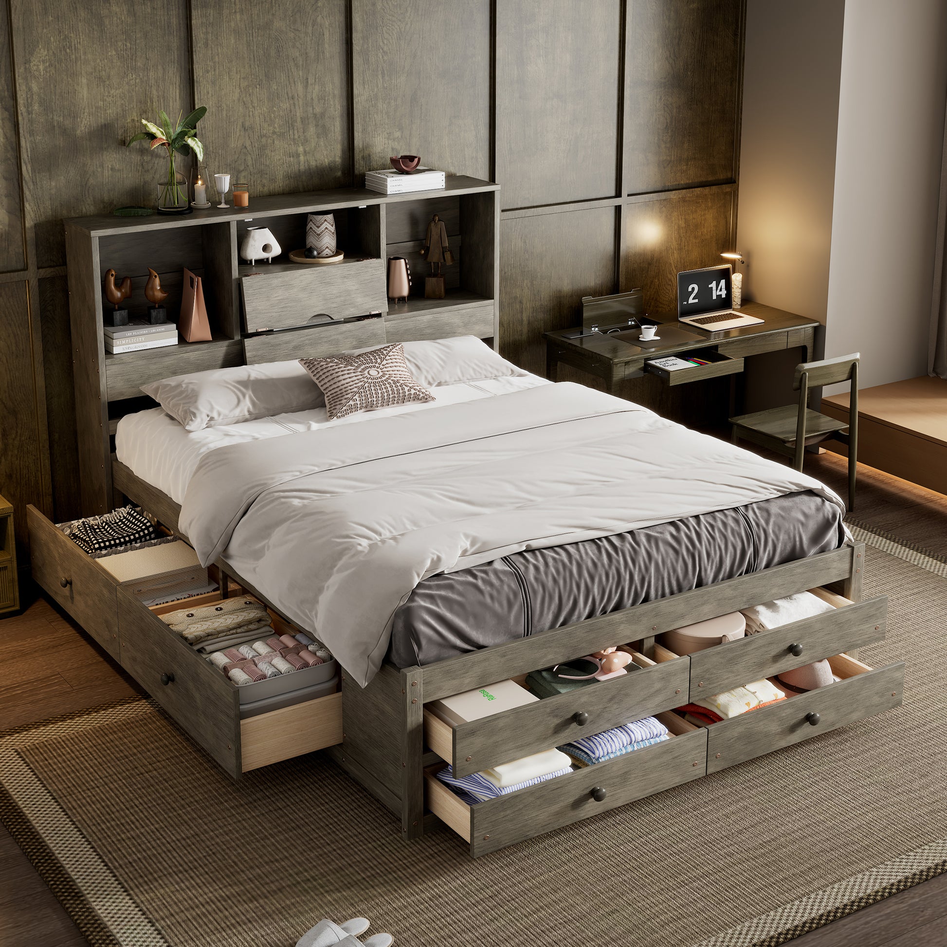 Queen Size Platform Bed With Storage Headboard And 8 Drawers, Gray Box Spring Not Required Queen Gray Wood Bedroom Bed Frame Solid Wood Mdf
