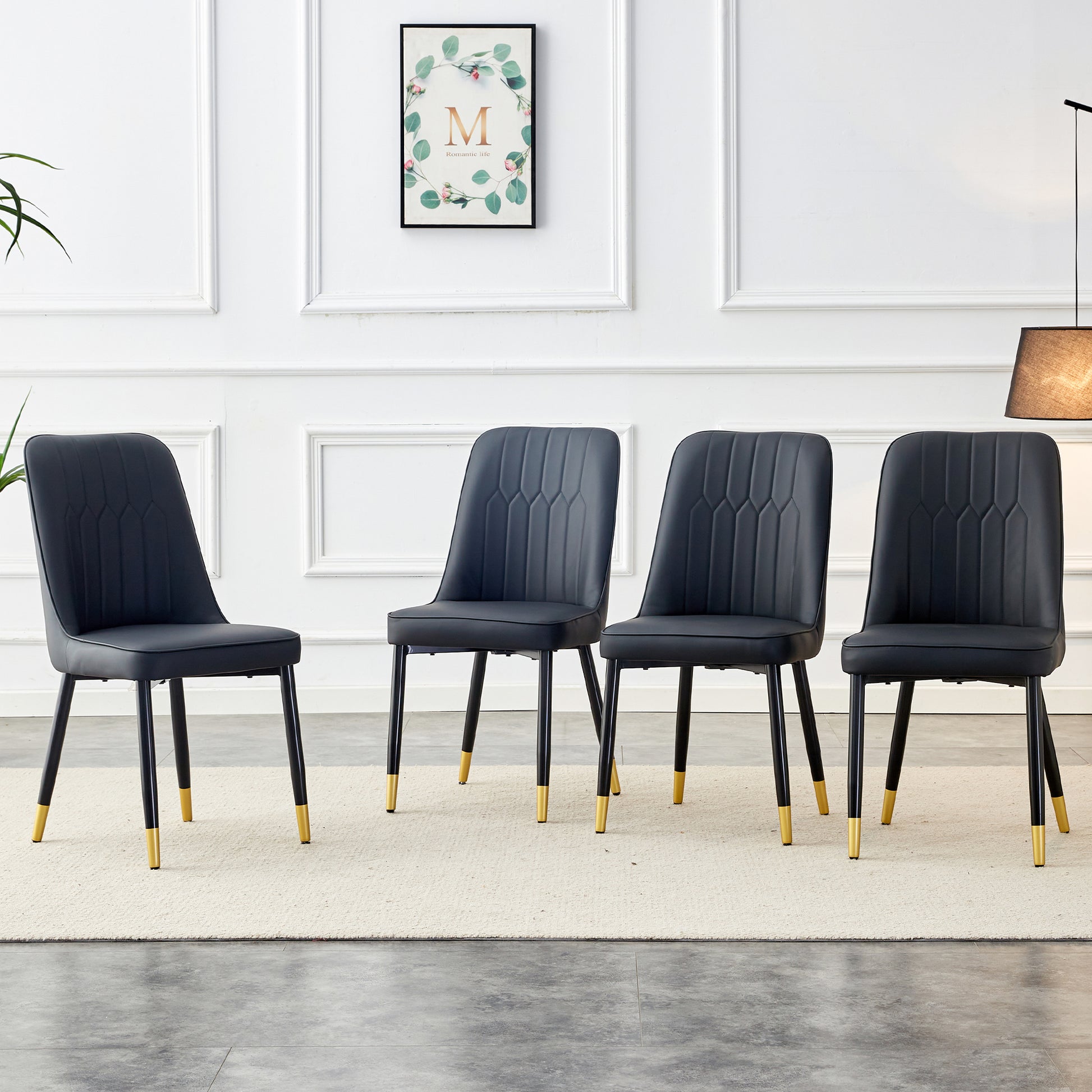 Large Modern Minimalist Rectangular Dining Table With 0.39 "Imitation Marble Black Desktop And Gold Metal Legs, Paired With 8 Chairs With Pu Cushions And Black Metal Legs.F 1538 C 007 Black Gold Glass Metal