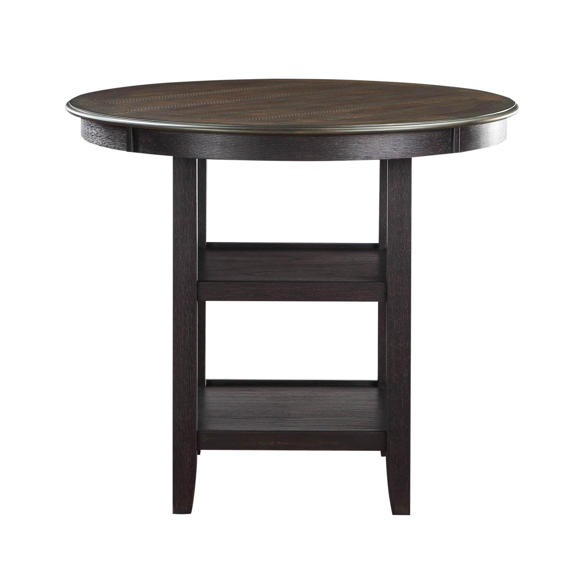 Anji 42 Inch Counter Table, Round Surface, 2 Open Shelves, Brown, Black Black Brown Wood