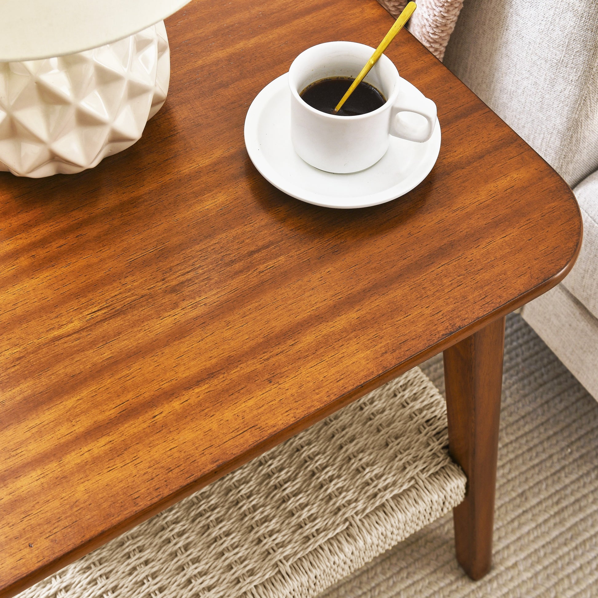 23" Mid Century Side Table With Woven Shelf, Boho Side Table With Storage, Bedside Tables, Small Side Table For Living Room Couch Bedroom Patio Home Office Walnut Solid Wood Mdf