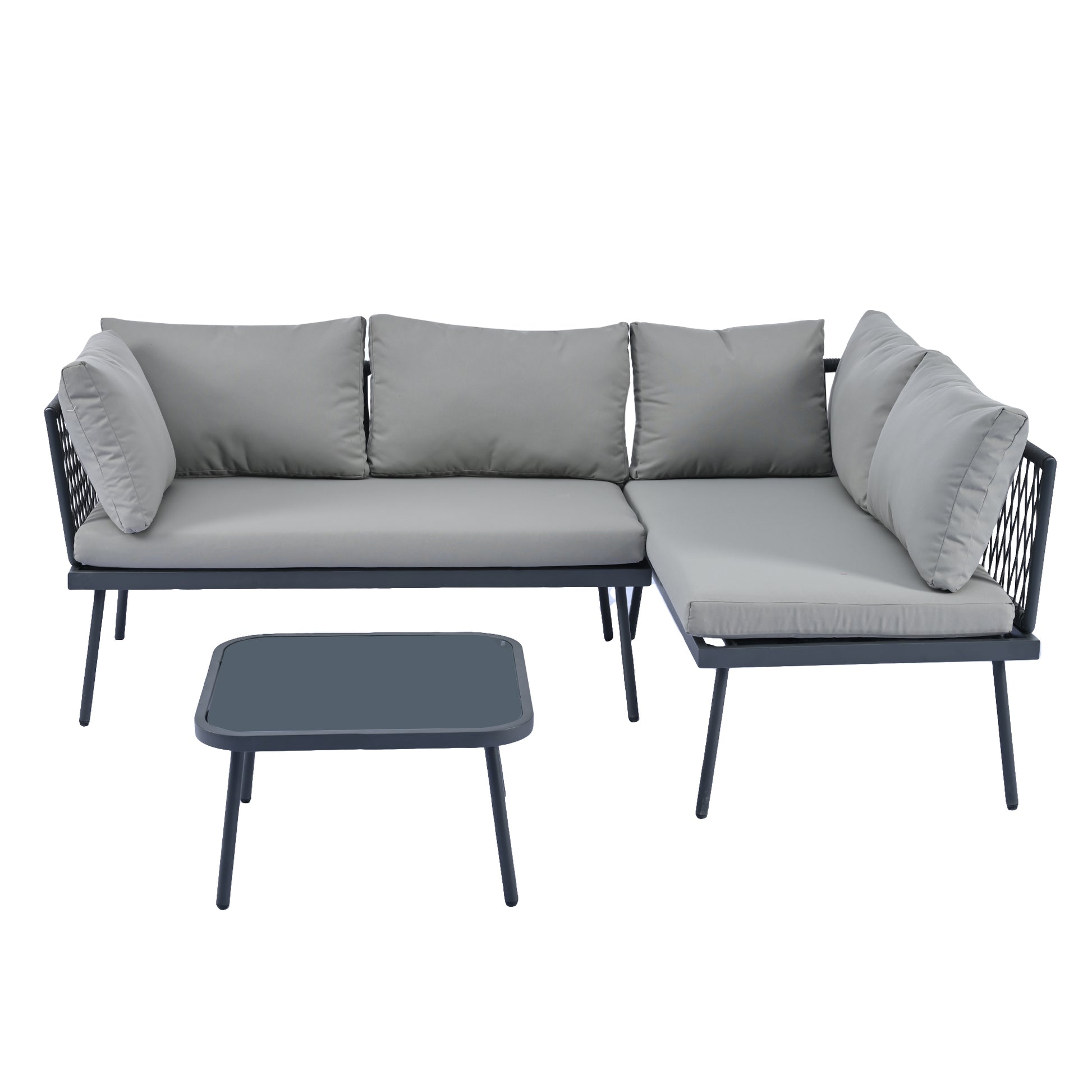 Modern Outdoor 3 Piece Pe Rattan Sofa Set All Weather Patio Metal Sectional Furniture Set With Cushions And Glass Table For Backyard, Poolside, Garden, Gray,L Shaped Yes Sectional Gray Seats 4 Weather Resistant Frame Water Resistant Cushion Garden &
