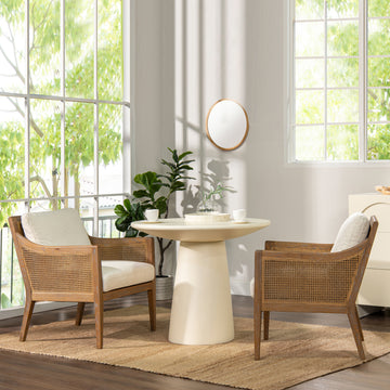 Ontario 24.5" Oak & Rattan Upholstered Accent Arm Chair, Natural White Linen White Foam Wood Fabric Rattan