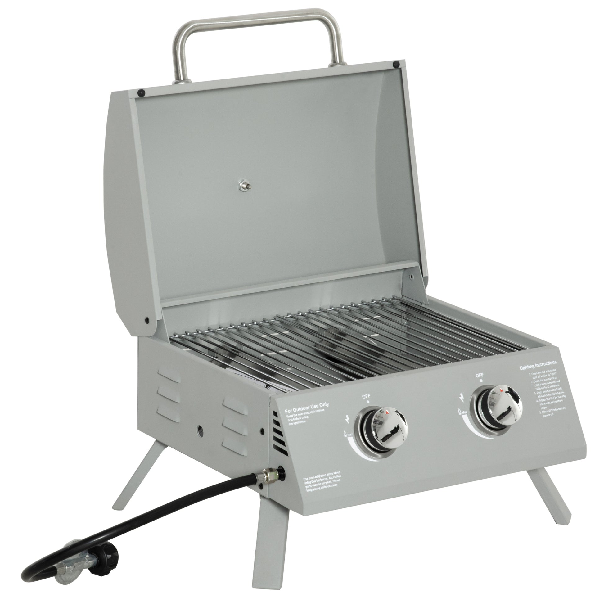 Outsunny 2 Burner Propane Gas Grill Outdoor Portable Tabletop Bbq With Foldable Legs, Lid, Thermometer For Camping, Picnic, Backyard, Light Grey Light Grey Steel