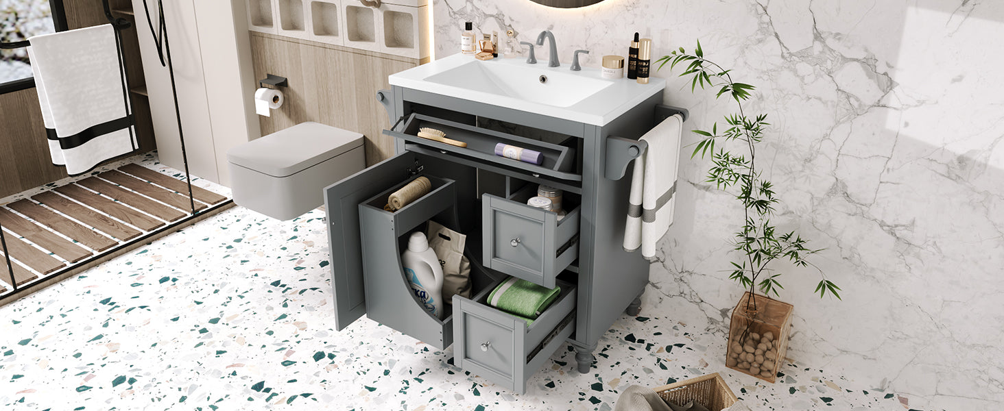 30'' Bathroom Vanity With Top Sink, Modern Bathroom Storage Cabinet With 2 Drawers And A Tip Out Drawer, Single Sink Bathroom Vanity Same As Sw000143Aae Grey Bathroom Modern Solid Wood Mdf Resin