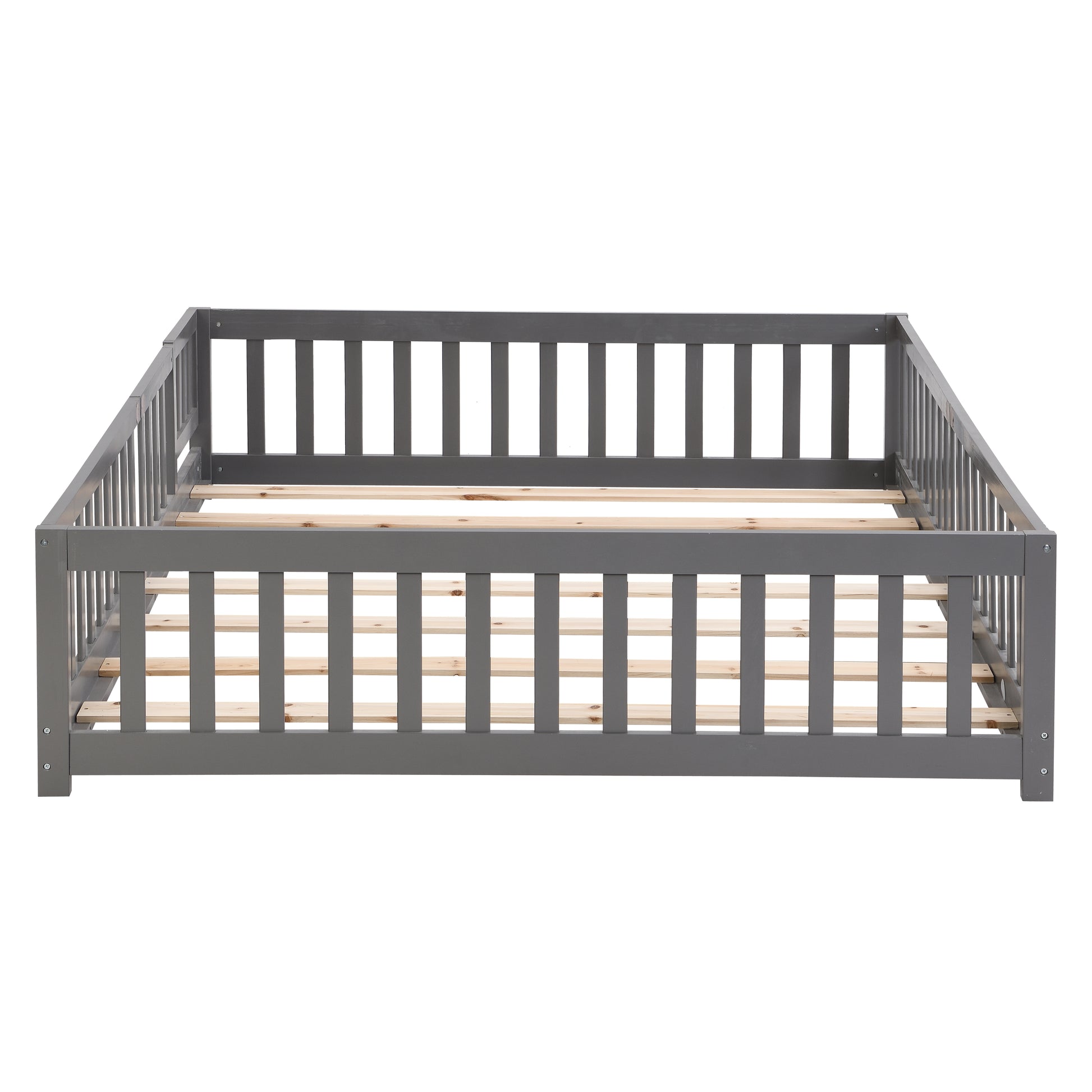 Queen Size Floor Bed With Door,Solid Wood Platform Bed Frame With Fence,Suitable For Children,Pine Wood,Gray Queen Gray Wood