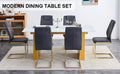 Table And Chair Set.Large Modern Rectangular Table With 0.4 Inch Patterned Glass Tabletop And Large Mdf Table Legs.Comes With 6 Chairs With Faux Leather Cushioned Seats And Golden Metal Legs. Gold White Seats 6 Mdf Glass