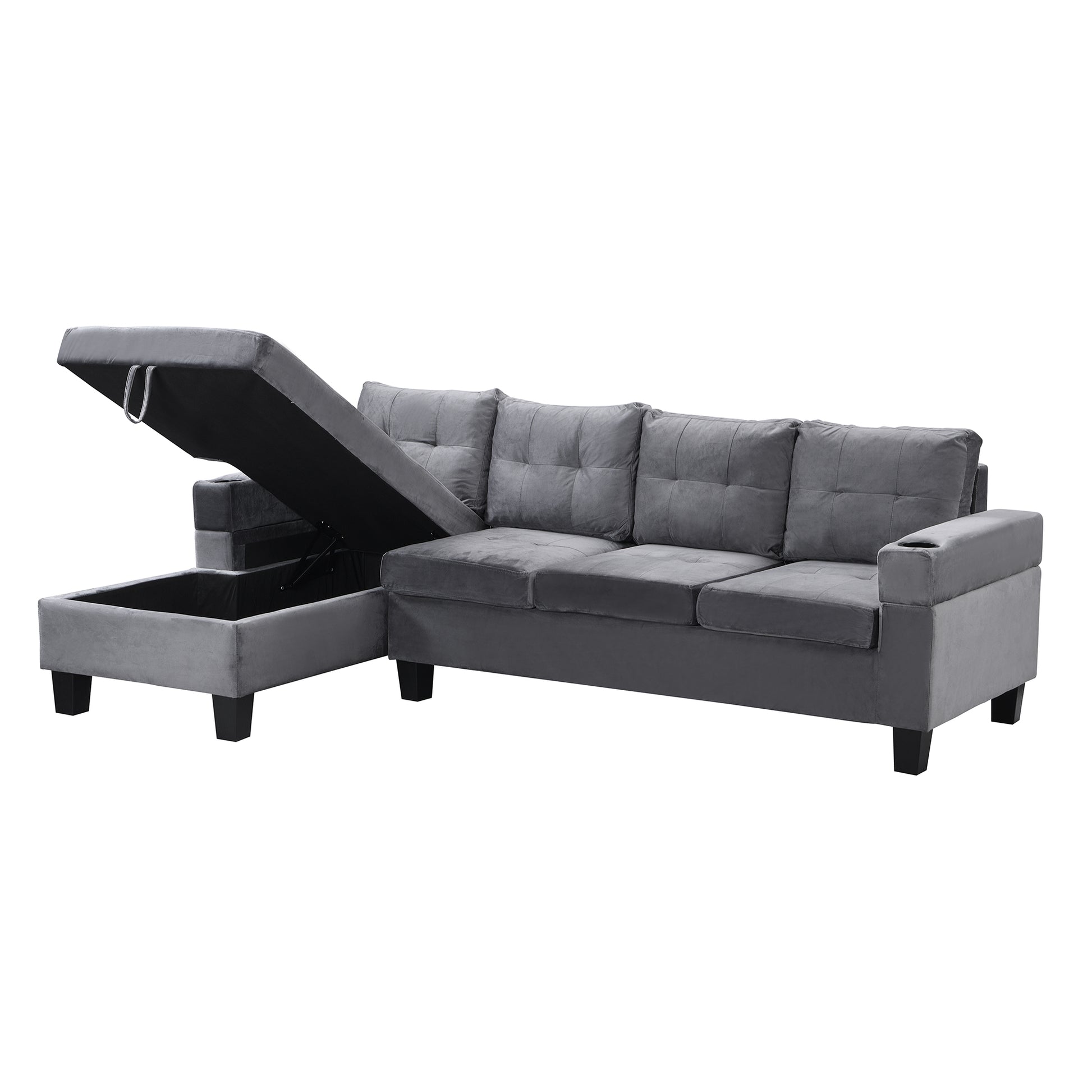 Sectional Sofa Set For Living Room With L Shape Chaise Lounge ,Cup Holder And Left Hand With Storage Chaise Modern 4 Seat Grey Grey Fabric 4 Seat