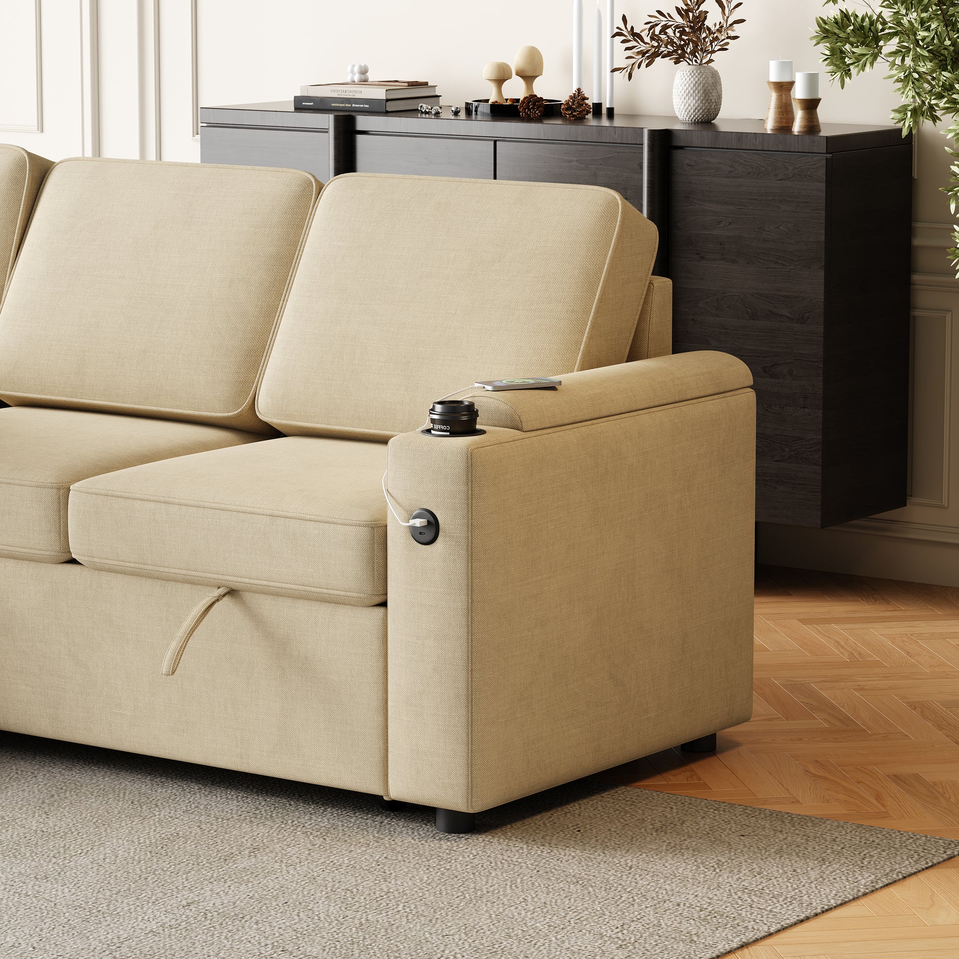 Mh85.8" Sleeper Sofa, Sofa Bed 2 In 1 Pull Out Sofa Bed With Storage Sofa, Sofa Sleeper With Pull Out Bed With Charging Port Beige Primary Living Space Eucalyptus Polyester Fabric 3 Seat