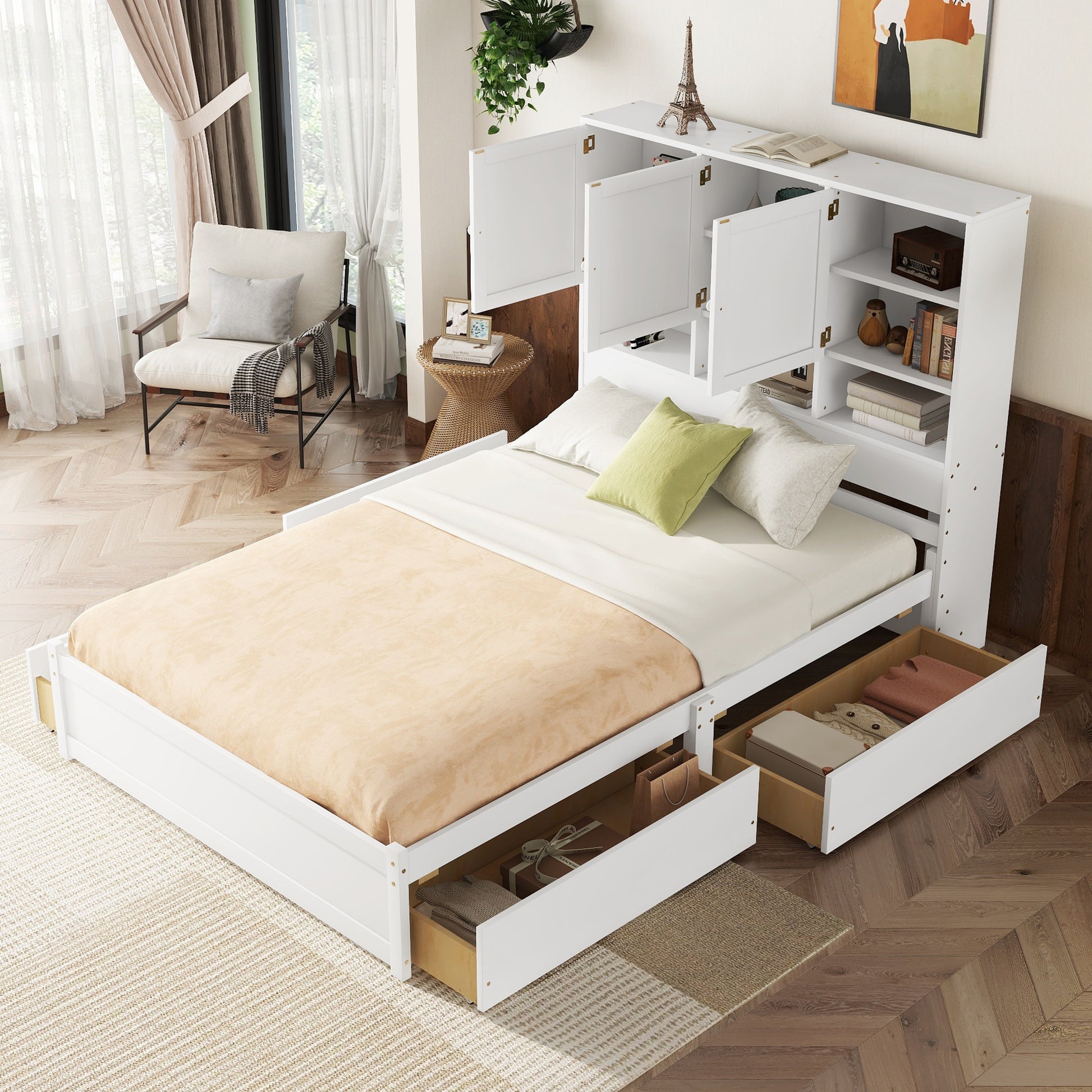 Queen Size Platform Bed With Storage Headboard And 4 Drawers, White Box Spring Not Required Queen White Wood Bedroom Bed Frame Solid Wood Mdf