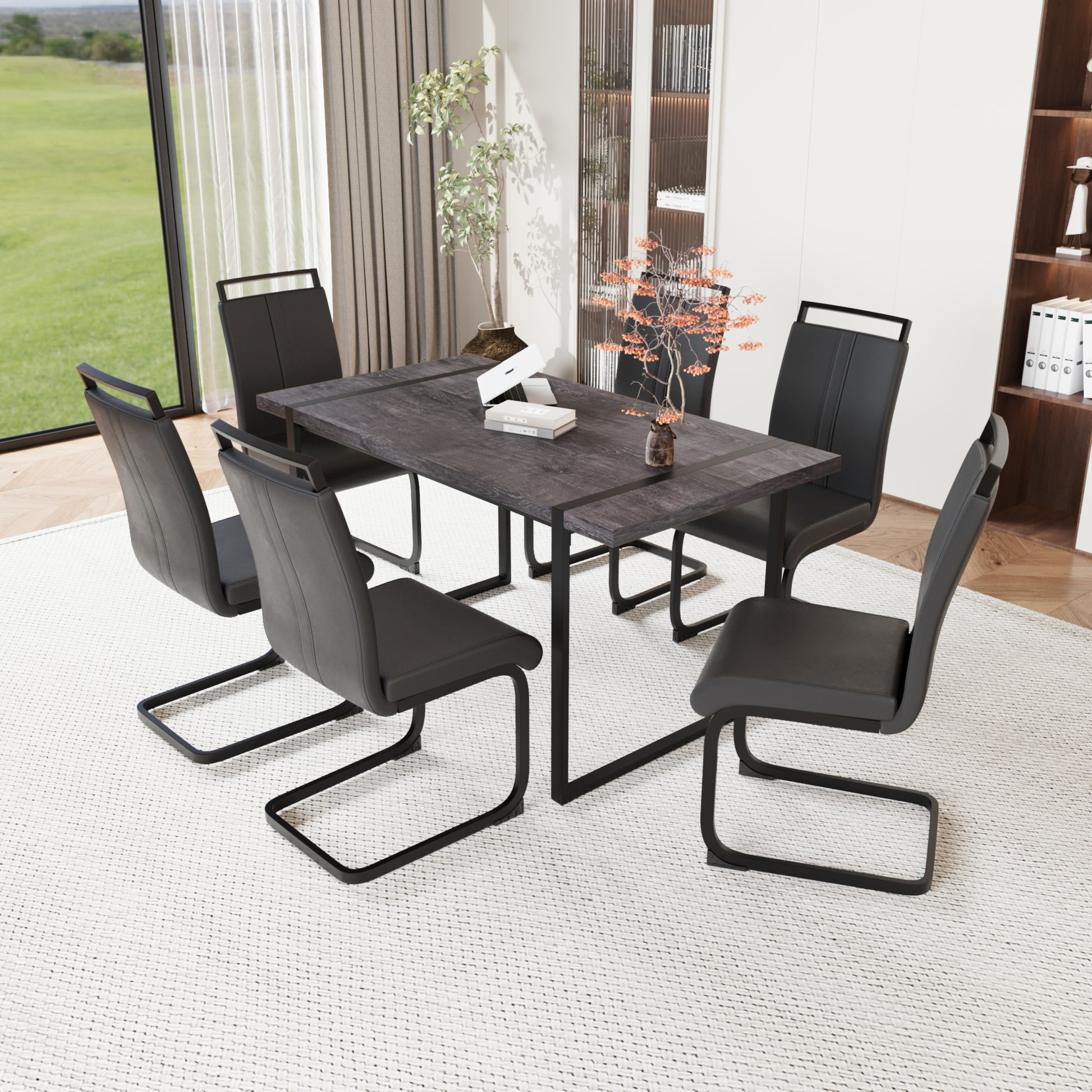 59 "Rural Industrial Rectangular Mdf Black Dining Table Set And Pu Armless Dining Chair Set, 6 Pieces. Kitchen Black Metal Table Leg Dining Chair Set Black Mdf
