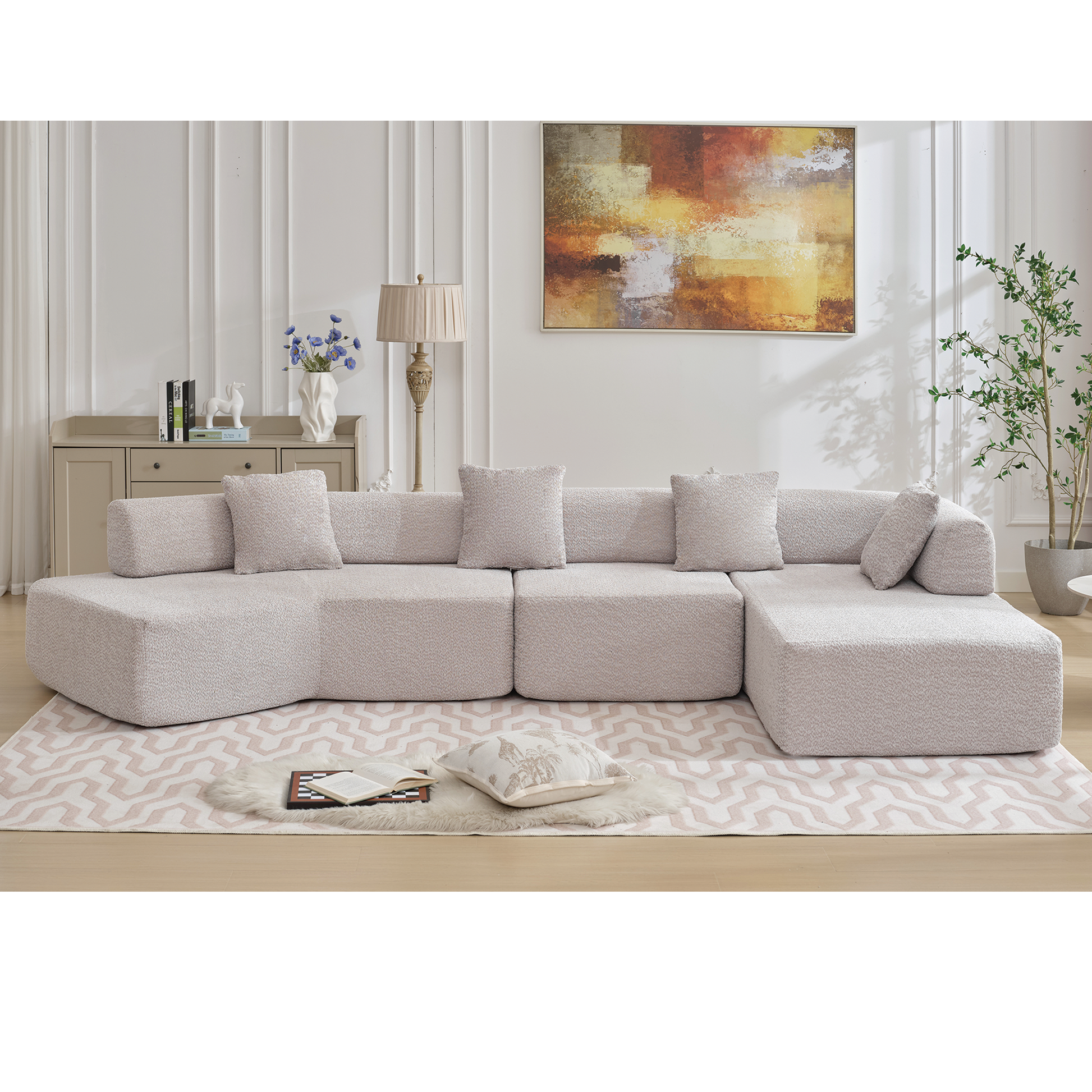 Arrived Modern Minimalist 140" L Shape Couch ,No Assembly Required,Boucle,Modular Sofa ,Couch With Chaise,Free Combination Foam Filled Sofa, 4 Seats, Gray Gray Polyester Primary Living Space Soft Modern Foam Polyester 4 Seat