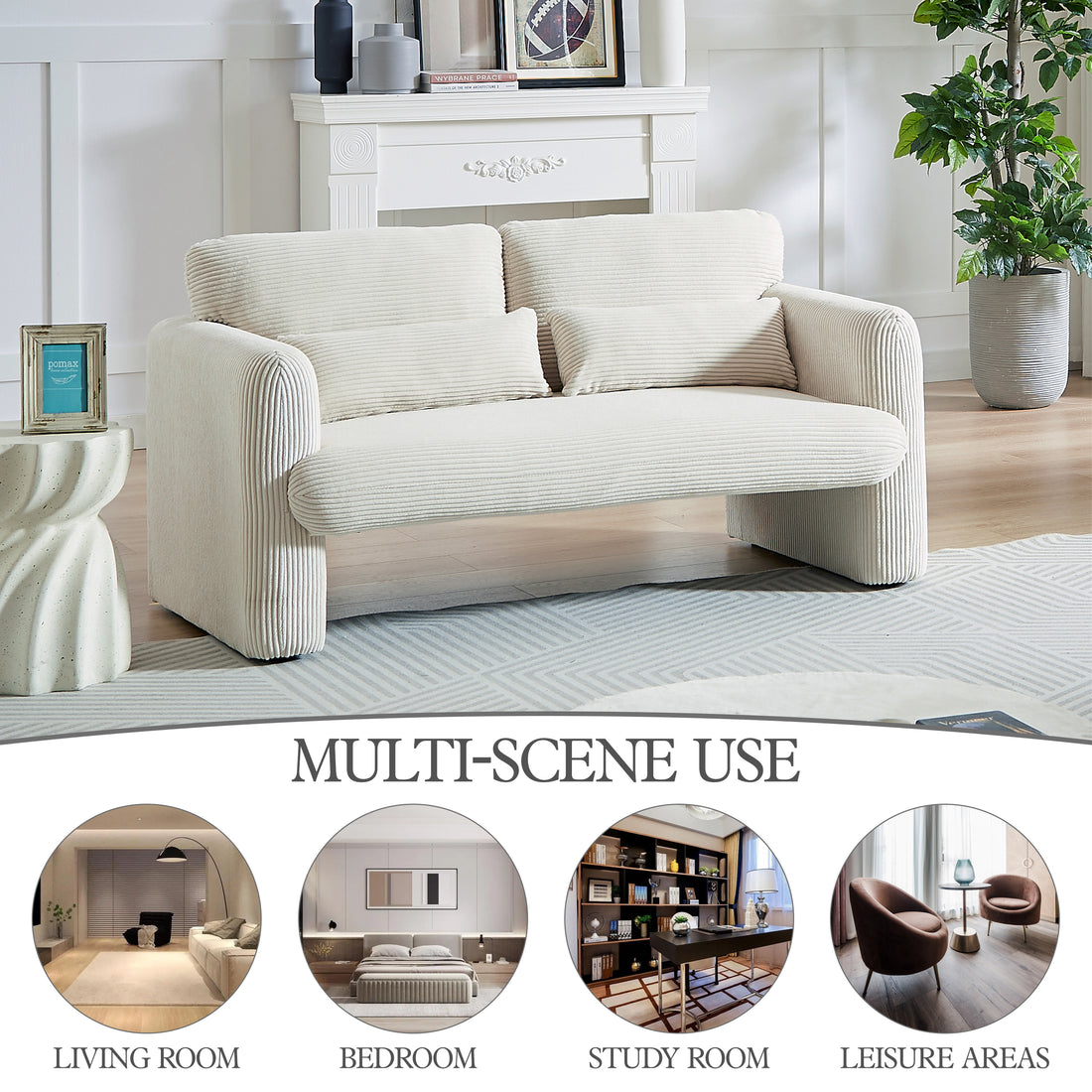 60"Corduroy Fabric Sofa, Modern Lounge Chairs Loveseat Sofa With Support Pillowfor Apartment, Office, Living Room & Bedroom Beige Corduroy 2 Seat