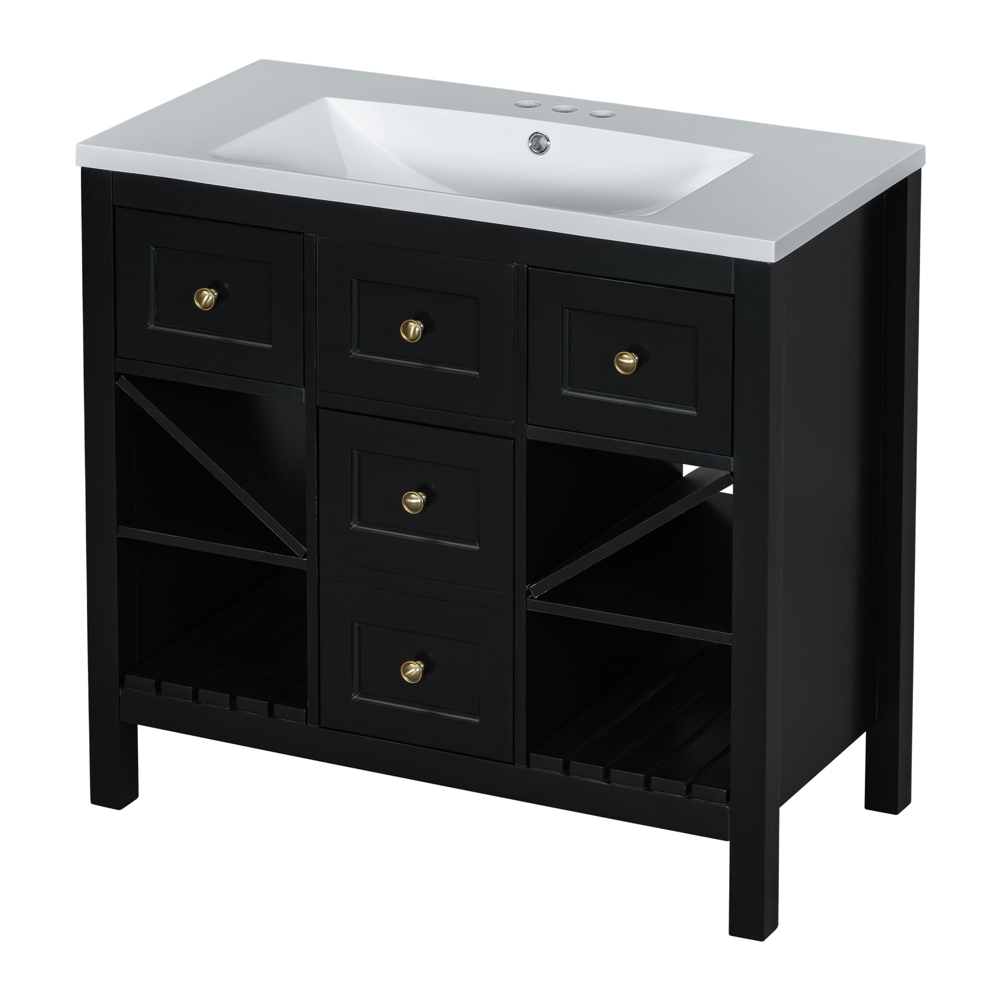 36'' Bathroom Vanity With Resin Sink Combo, Solid Wood Frame Bathroom Storage Cabinet, Freestanding Vanity Set With 5 Drawers& Soft Closing Doors Same As N710S136001B Black Bathroom Solid Wood Mdf Resin