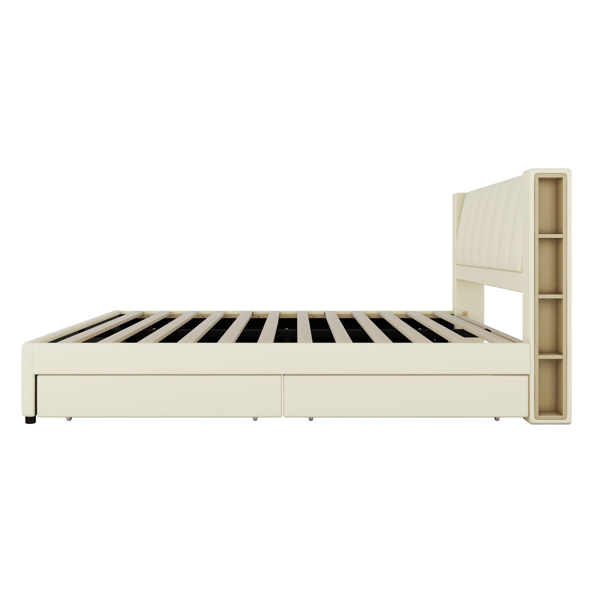 King Size Upholstery Platform Bed With Storage Headboard, 2 Drawers And Trundle,Beige King Beige Upholstered