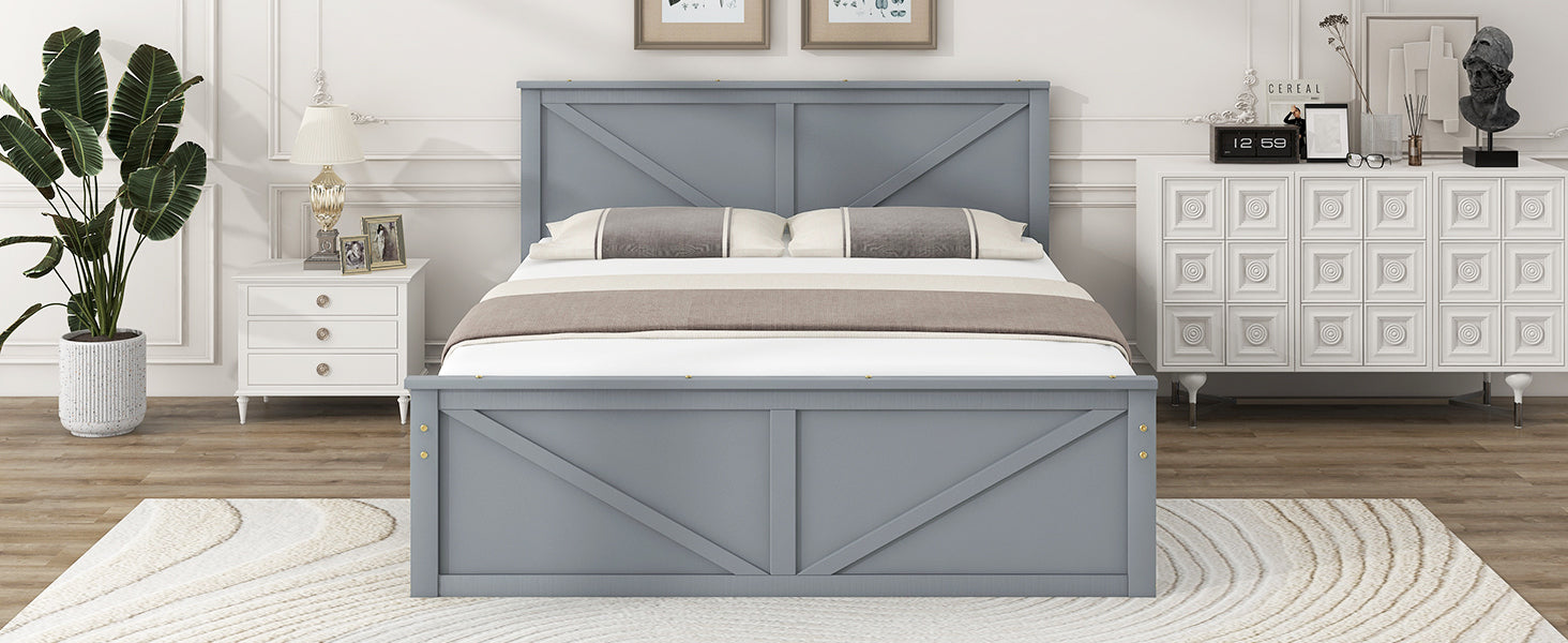 Queen Size Wooden Platform Bed With Four Storage Drawers And Support Legs, Gray Queen Gray Pine