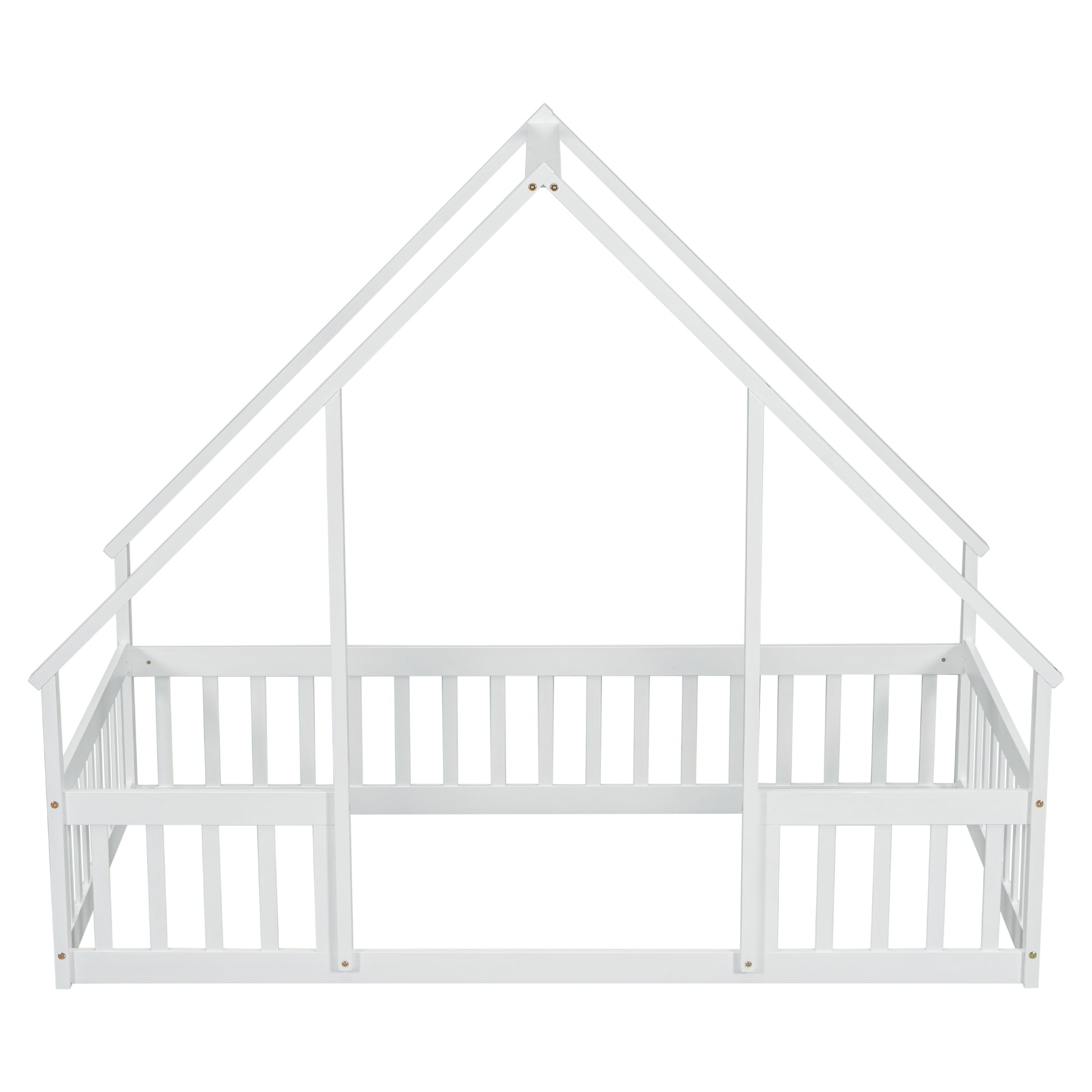 Twin Wood House Shaped Floor Bed With Fence, Guardrails ,White Twin White American Design Pine