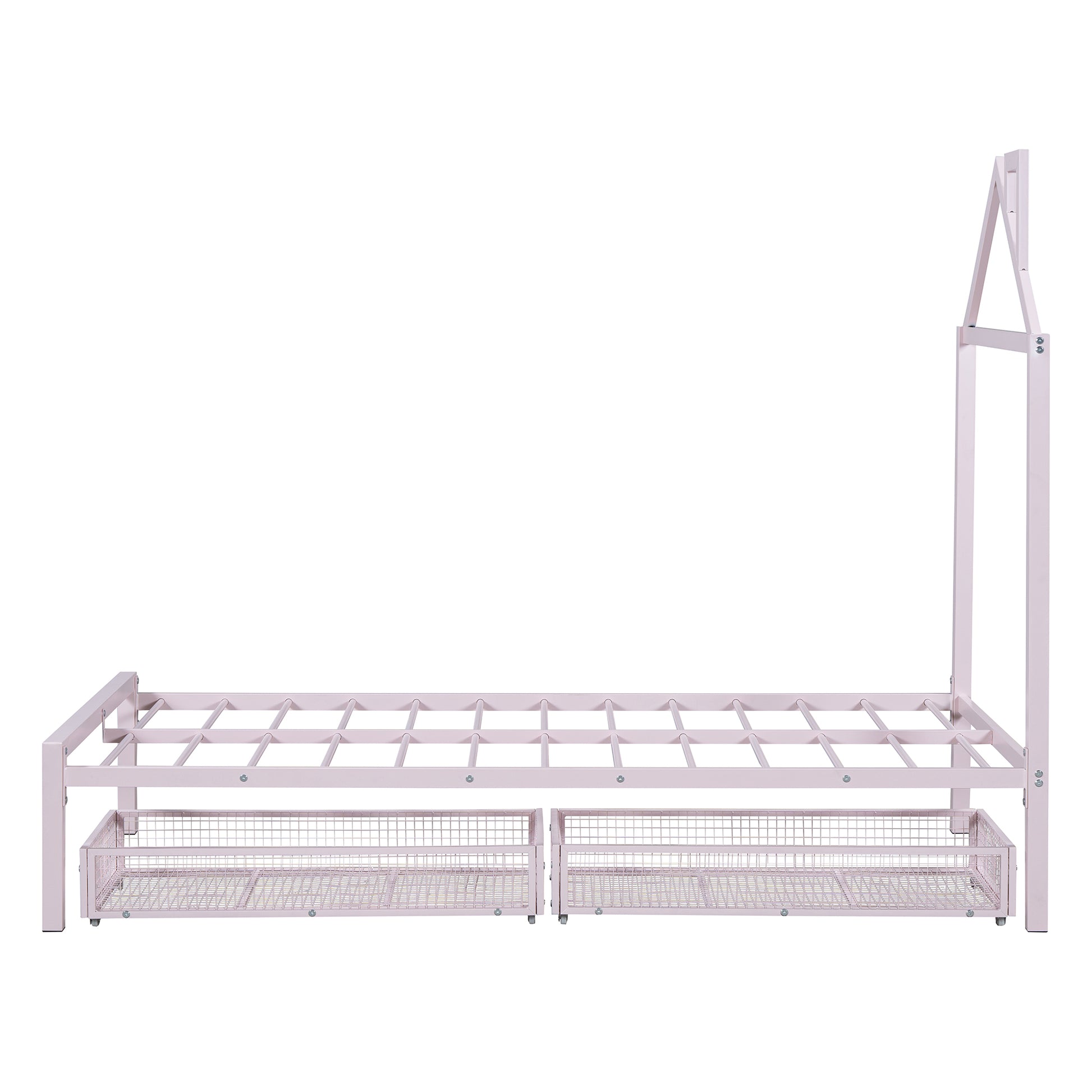 Twin Size Metal Platform Bed With Two Drawers,House Shaped Headboard Design, Pink Twin Pink Metal