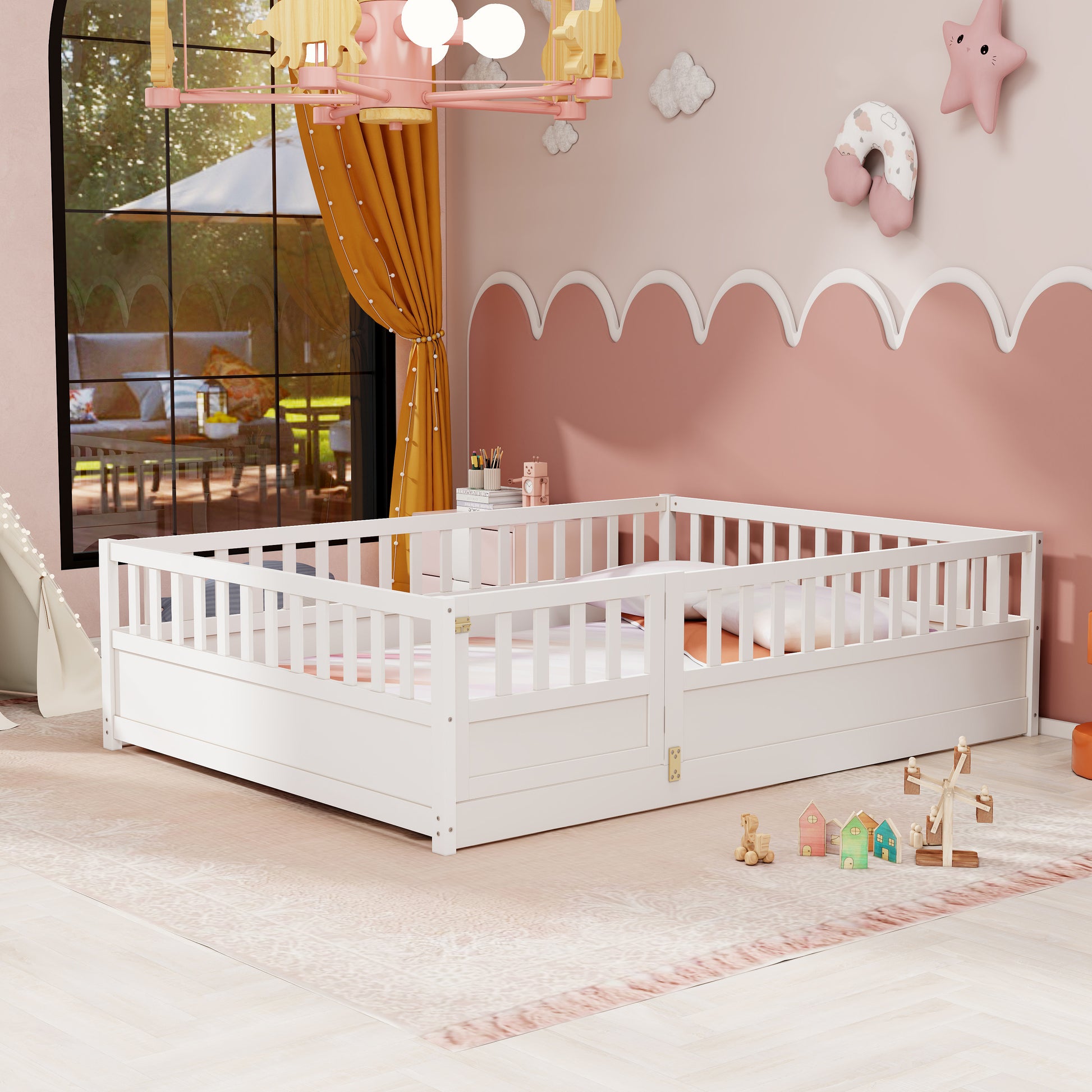 Full Size Floor Bed, Integral Construction With Super High Security Barrier, Door, Children'S Floor Bed Frame, Montessori Wooden Children'S Floor Bed, White Box Spring Required Full White Wood Brown