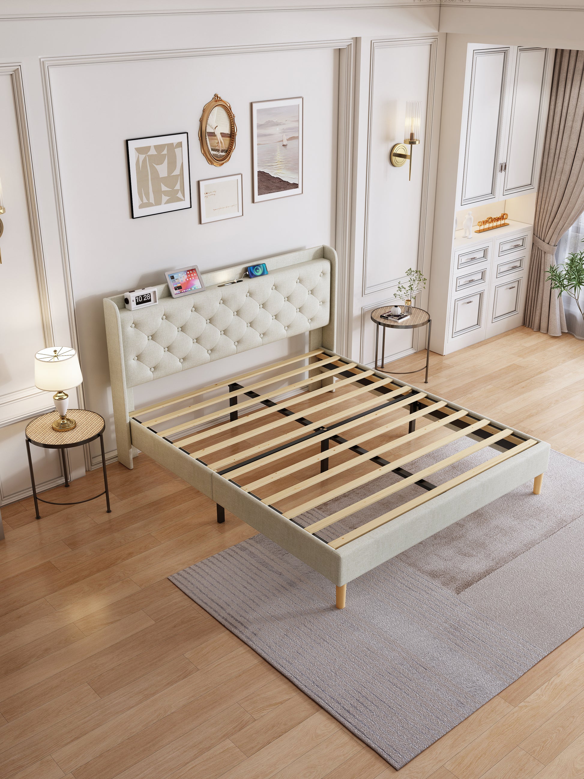 Queen Size Bed, Mesh Backboard Beautiful, With Led Lights, Cotton And Linen Fabric, Frame Stability, Easy To Assemble,Light Gray Queen Light Gray Mdf Acacia