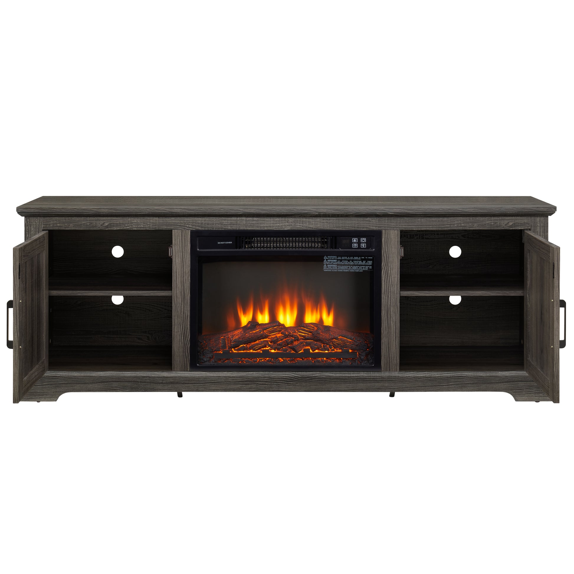 Natural Rattan Door Cabinet With Adjustable Shelf Wood, Farmhouse Rattan Tv Stand Console Table For Tvs Up To 70 Inches, Storage Tv Stand With 23" Fireplace Insert, 65"W*15.55"D*23.86"H,Grey Grey 60 69 Inches Mdf