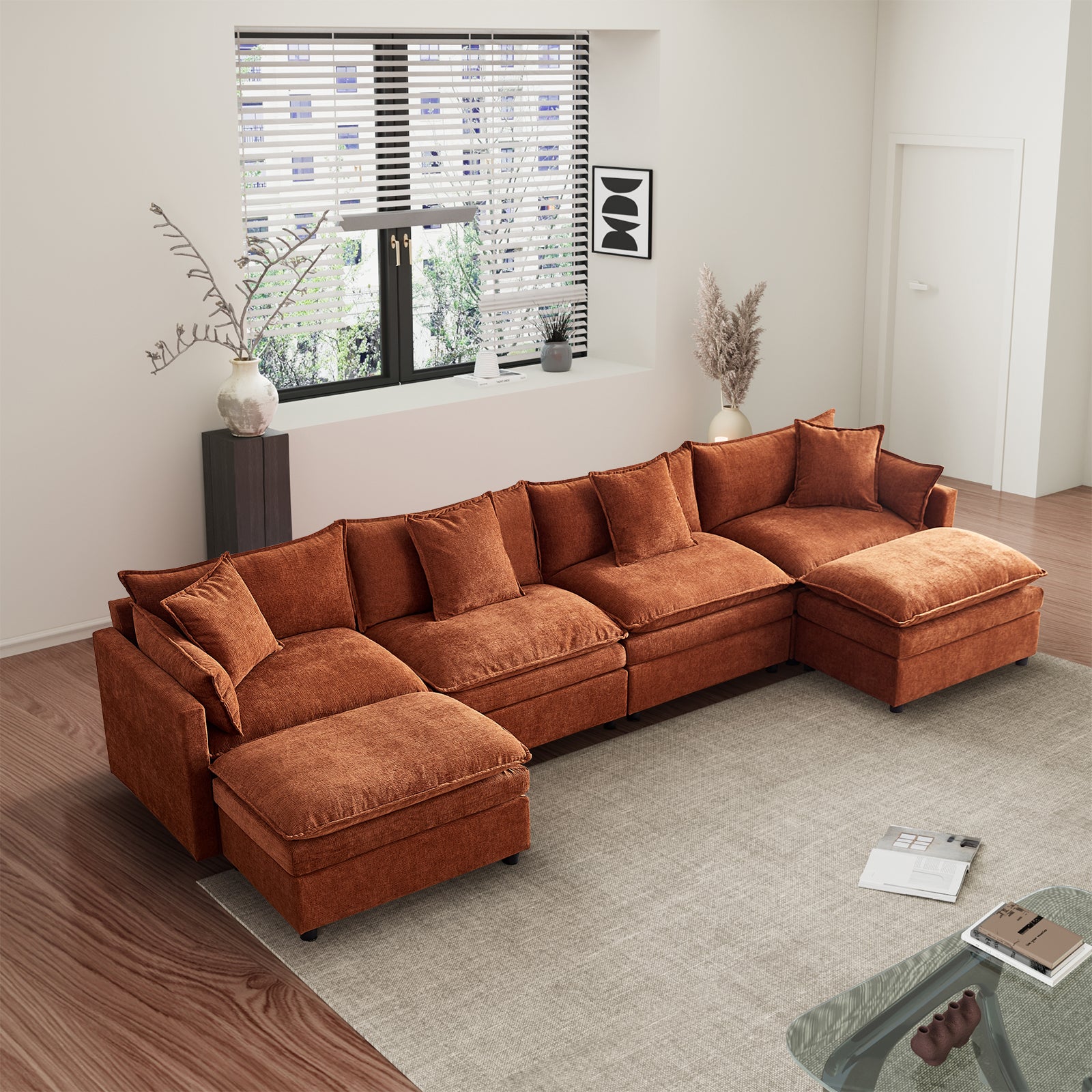 142.52"Modern Chenille U Shaped Sectional Sofa With Convertible Chaise, Comfy Cloud Couch Deep Sectional Sofa With Ottomans For Living Room Orange Wood Foam Chenille 4 Seat