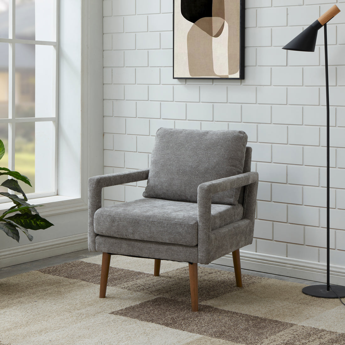 Mid Century Armchairaccent Chair With Chenille Armrest & Soft Cushion For Living Room, Bedroom, Home Office, Study, Grey Gray Light Brown Primary Living Space American Design,Modern Birch Foam Wood Fabric